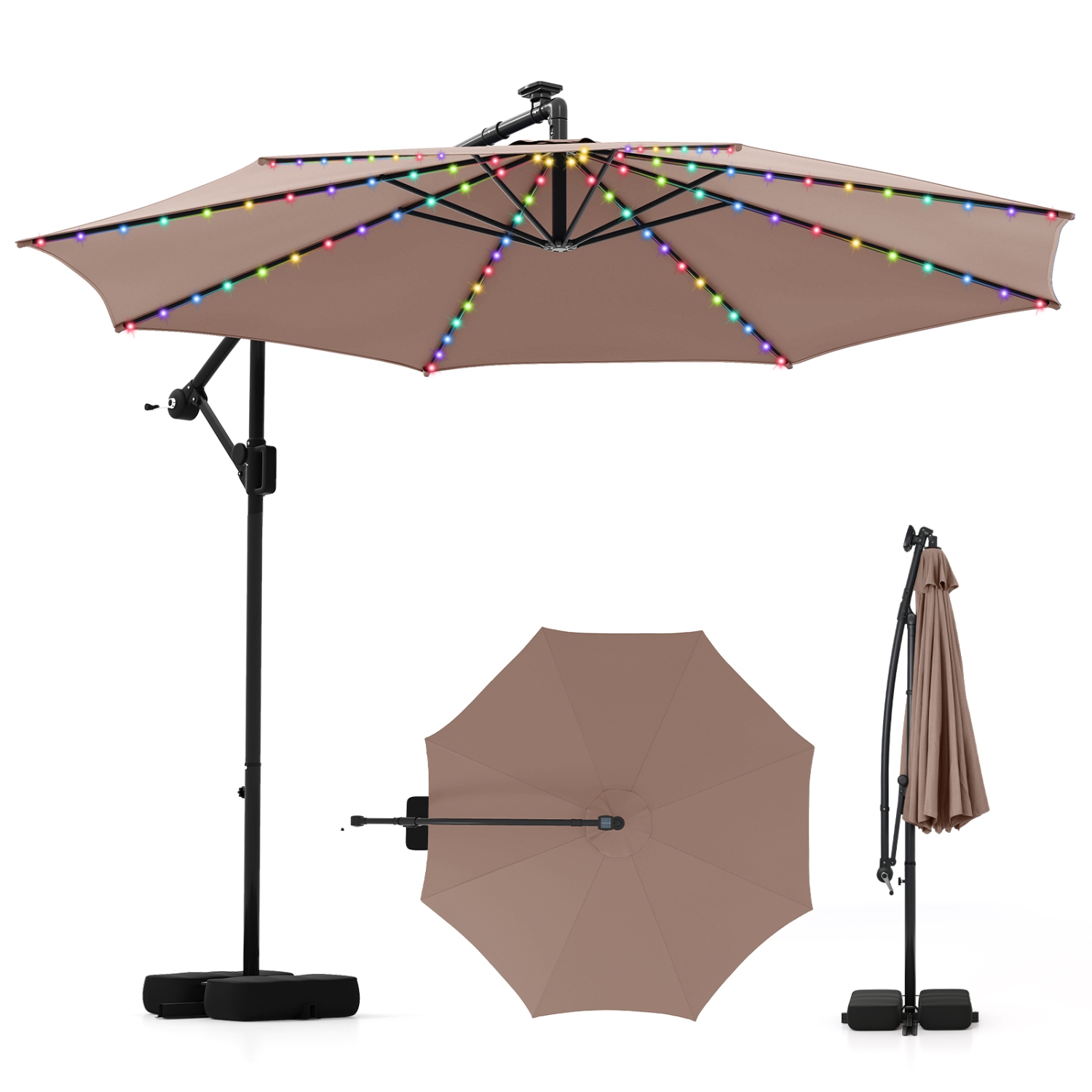 Costway 10 FT Solar Offset Hanging Umbrella with 96 Solar Multi-colored Flowing LED Lights Beige/Coffee/Gray/Navy/Red/Turquoise