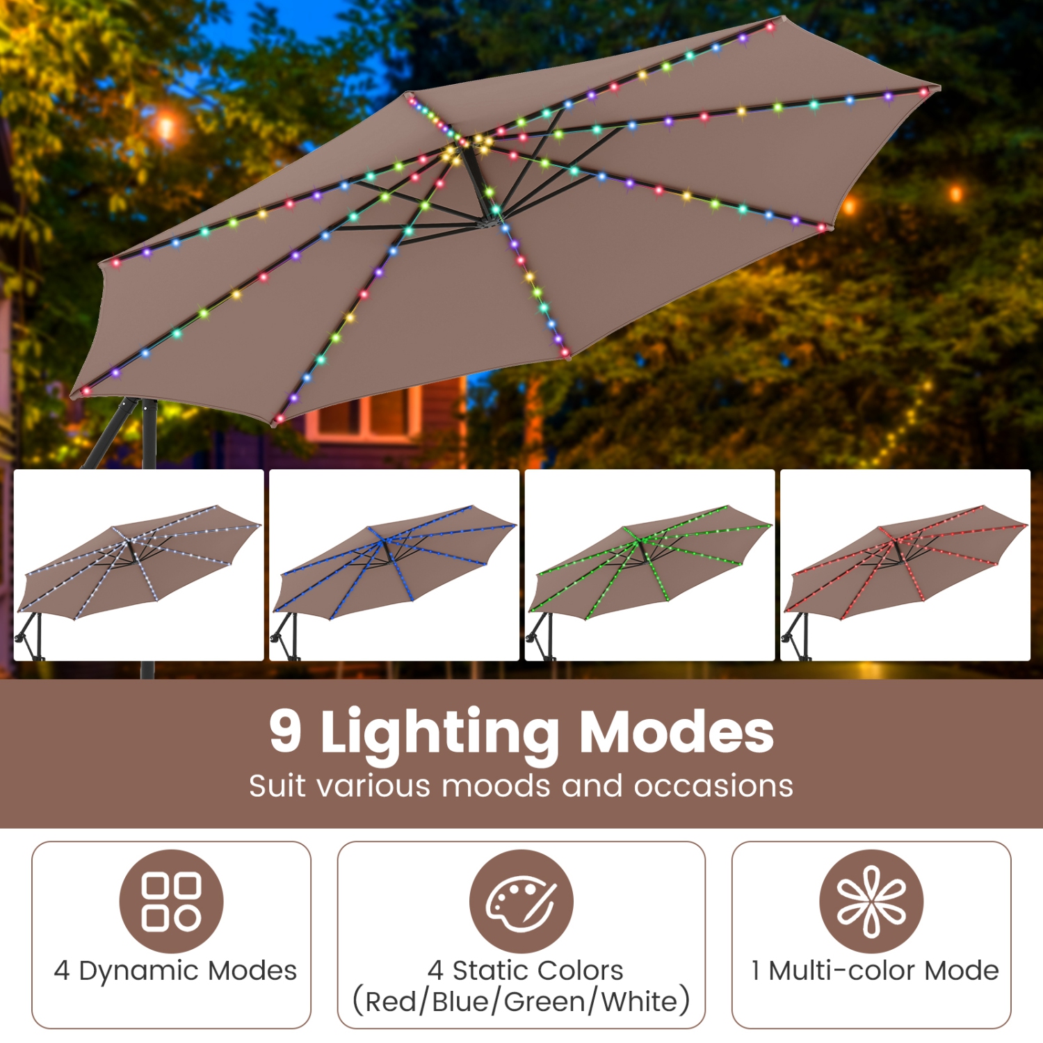 Costway 10 FT Solar Offset Hanging Umbrella with 96 Solar Multi-colored Flowing LED Lights Beige/Coffee/Gray/Navy/Red/Turquoise