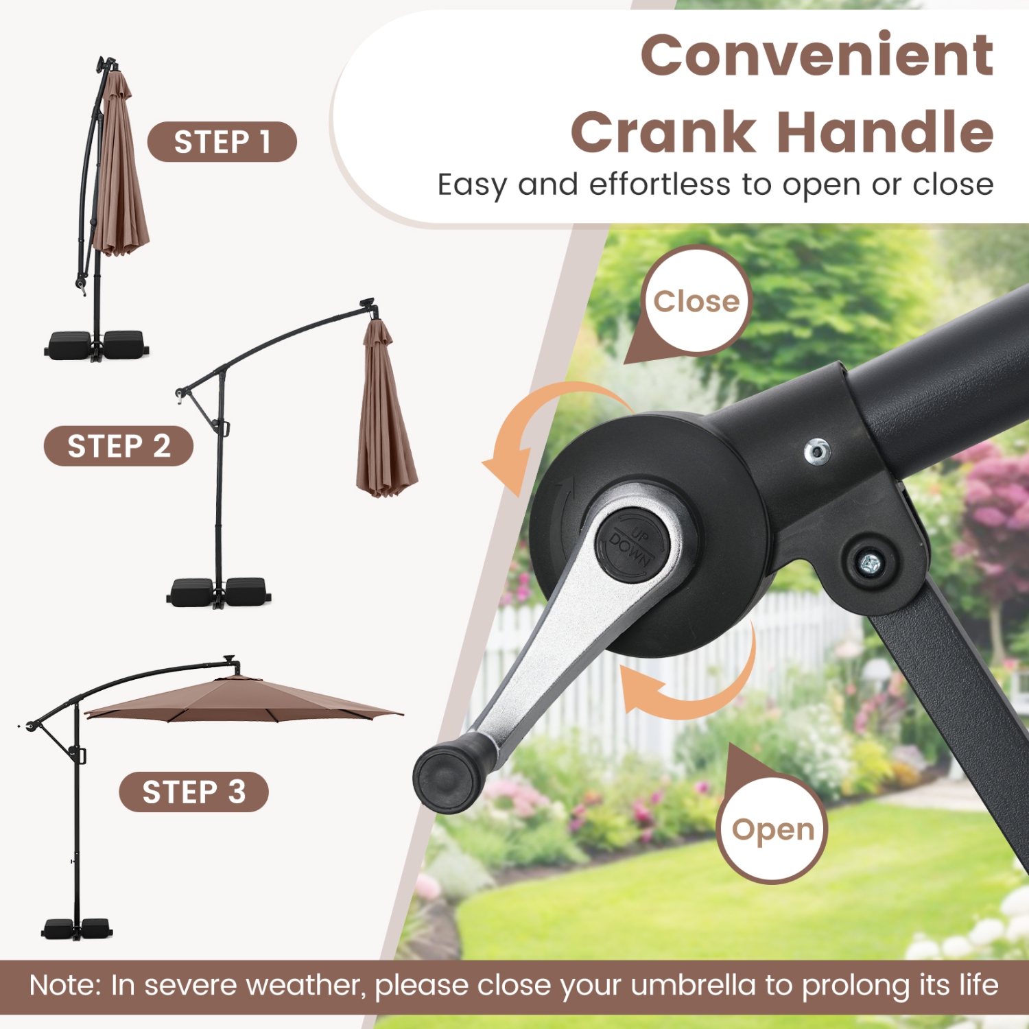 Costway 10 FT Solar Offset Hanging Umbrella with 96 Solar Multi-colored Flowing LED Lights Beige/Coffee/Gray/Navy/Red/Turquoise