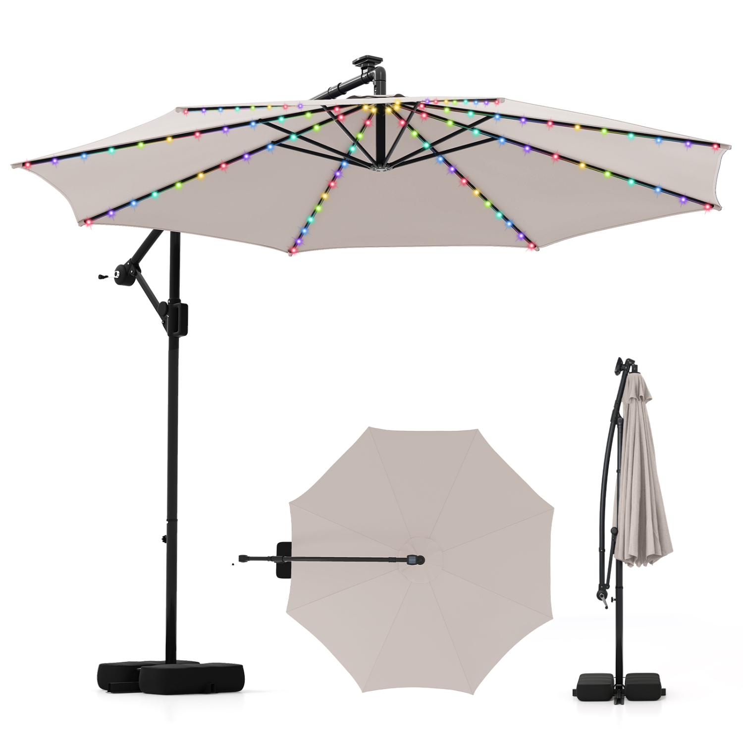 Costway 10 FT Solar Offset Hanging Umbrella with 96 Solar Multi-colored Flowing LED Lights Beige/Coffee/Gray/Navy/Red/Turquoise