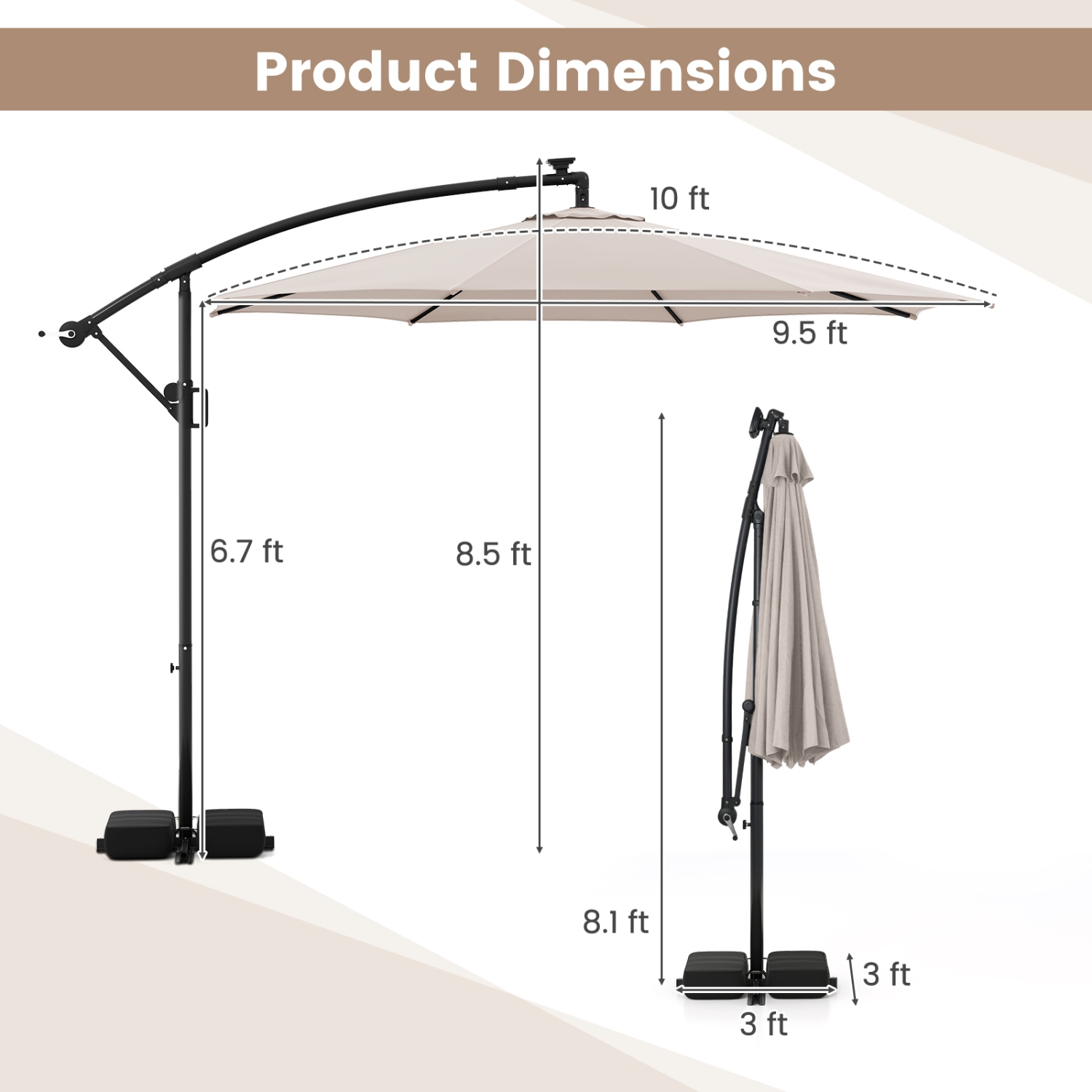 Costway 10 FT Solar Offset Hanging Umbrella with 96 Solar Multi-colored Flowing LED Lights Beige/Coffee/Gray/Navy/Red/Turquoise