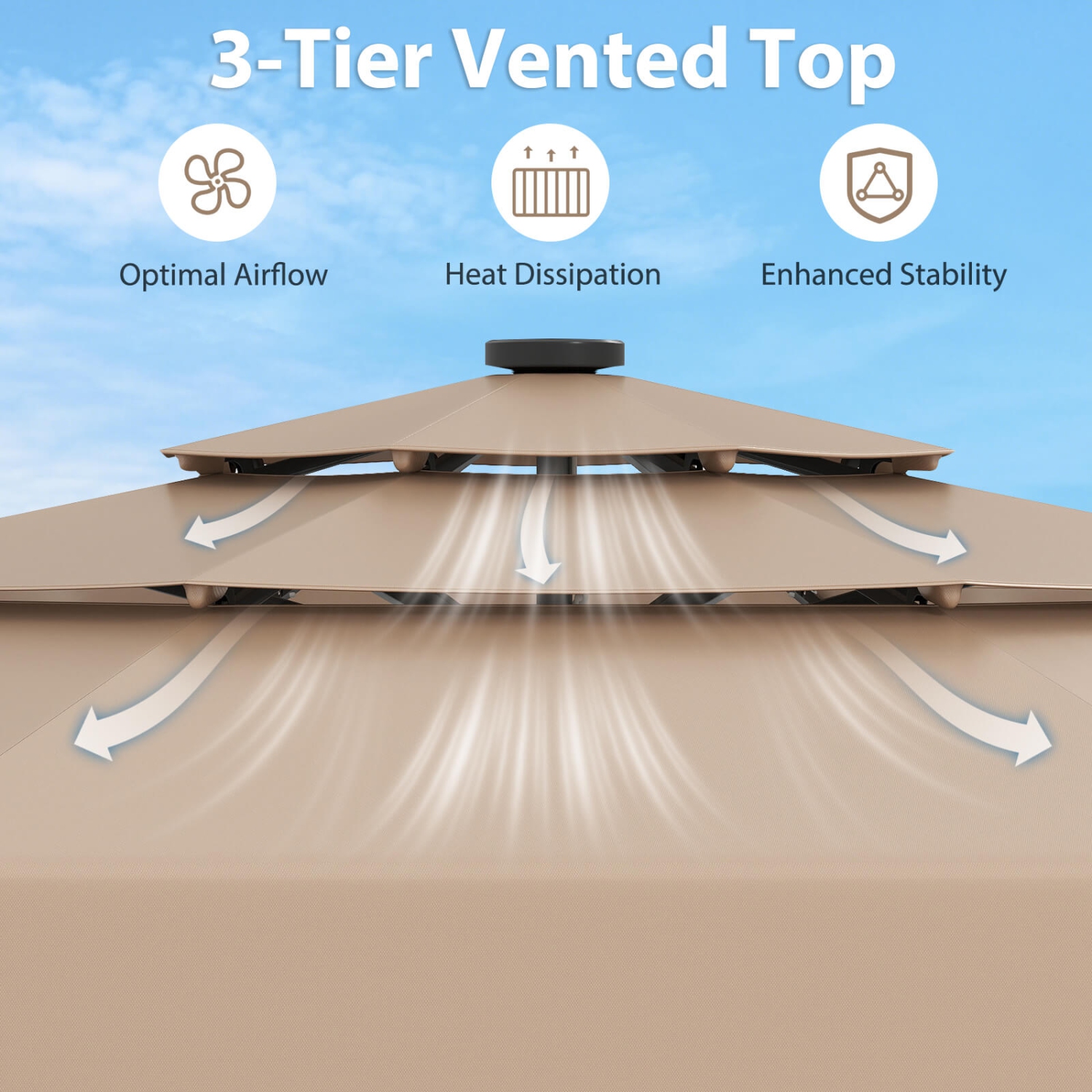 Costway 10 FT Solar Patio Umbrella with 32 LED Lights 3-Tier Vented Top & Ruffles Red/Brown/Blue/Beige/Gray