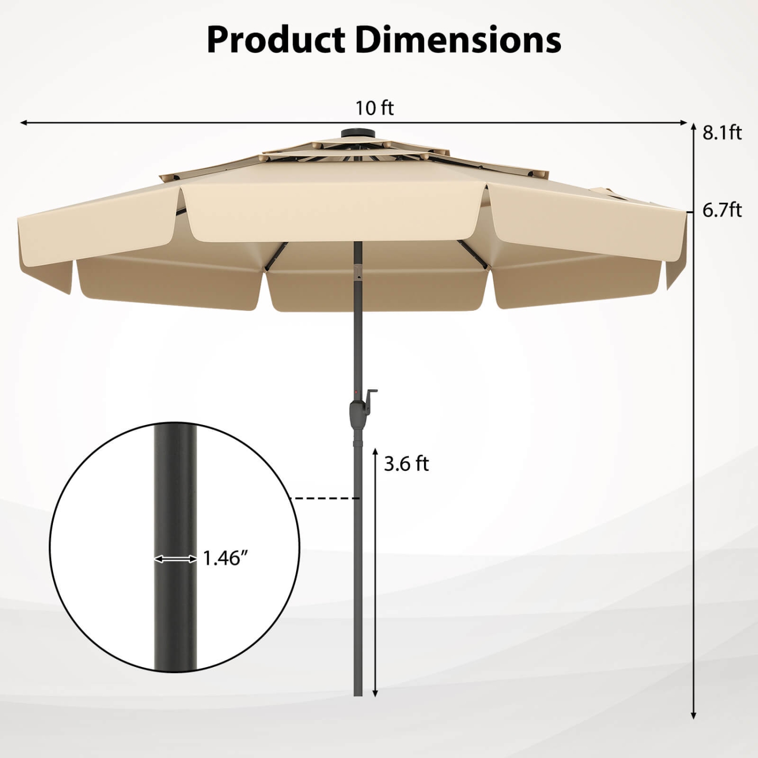 Costway 10 FT Solar Patio Umbrella with 32 LED Lights 3-Tier Vented Top & Ruffles Red/Brown/Blue/Beige/Gray