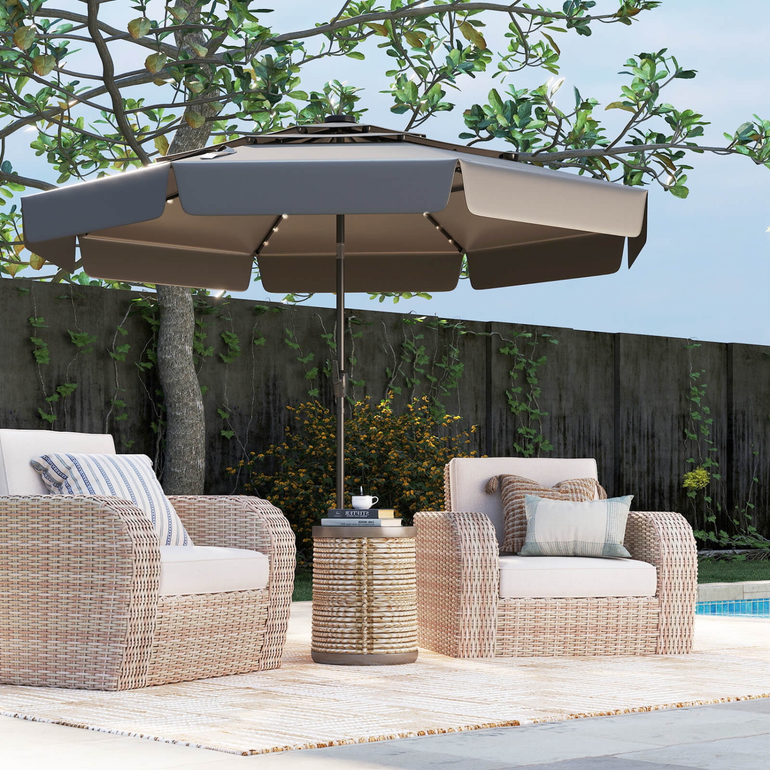 Costway 10 FT Solar Patio Umbrella with 32 LED Lights 3-Tier Vented Top & Ruffles Red/Brown/Blue/Beige/Gray