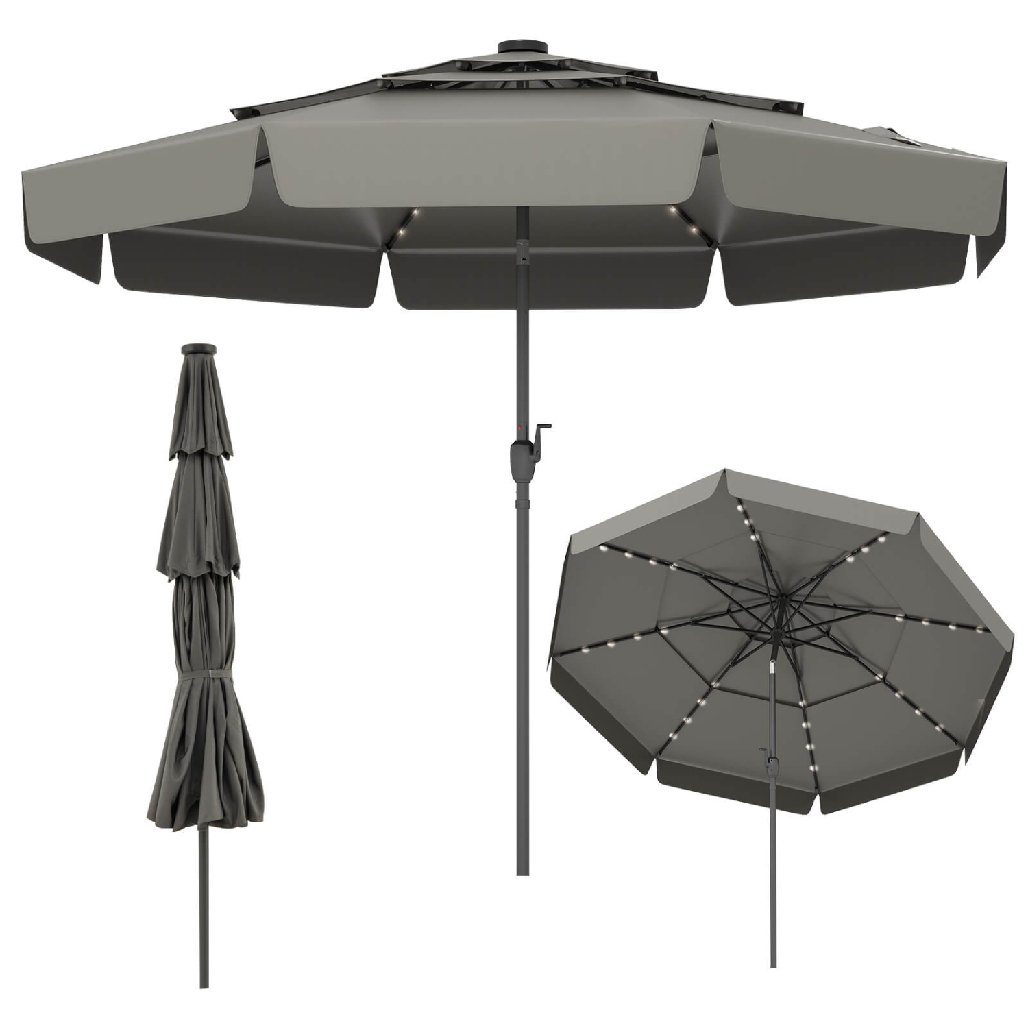 Costway 10 FT Solar Patio Umbrella with 32 LED Lights 3-Tier Vented Top & Ruffles Red/Brown/Blue/Beige/Gray