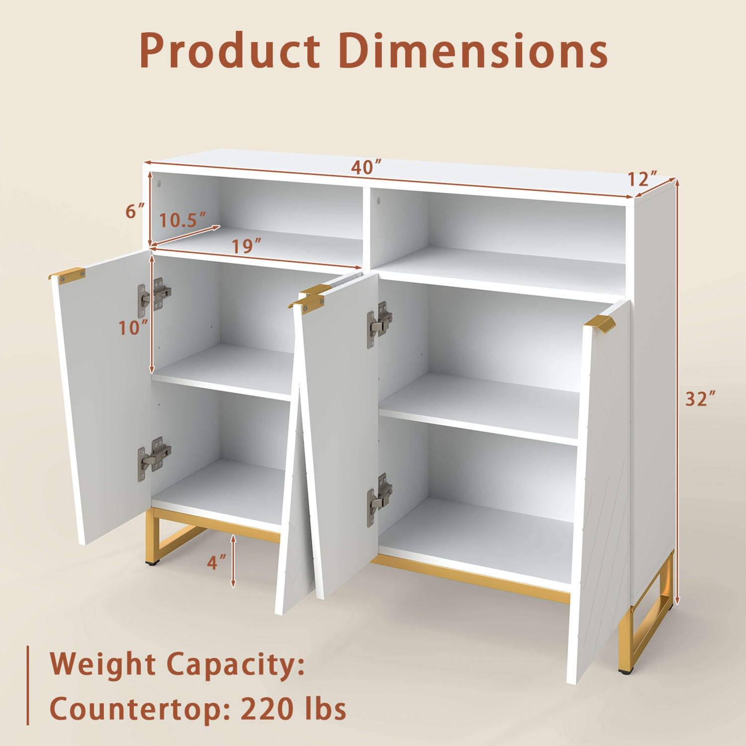 Costway 40" Buffet Storage Cabinet with 4 Doors & Adjustable Shelves Anti-Tipping Kits