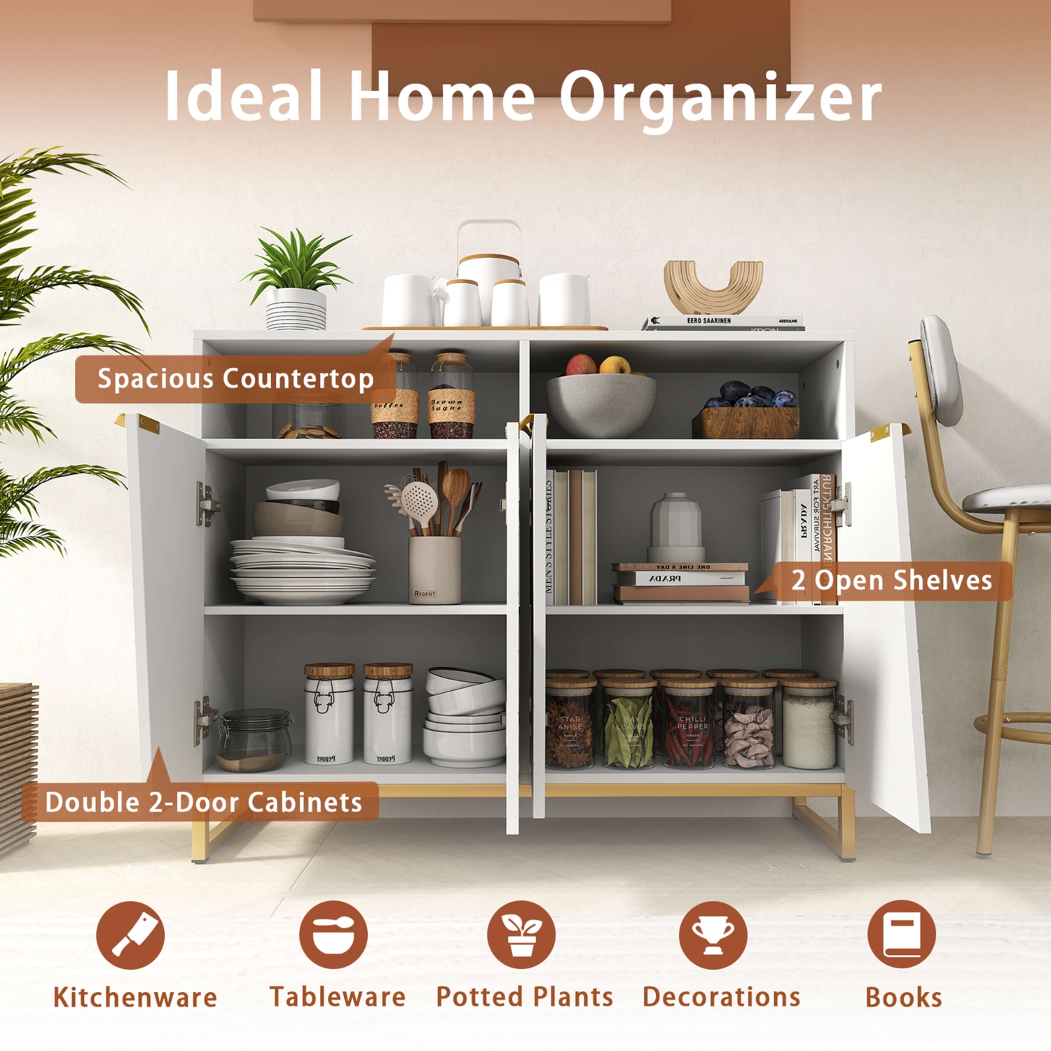 Costway 40" Buffet Storage Cabinet with 4 Doors & Adjustable Shelves Anti-Tipping Kits