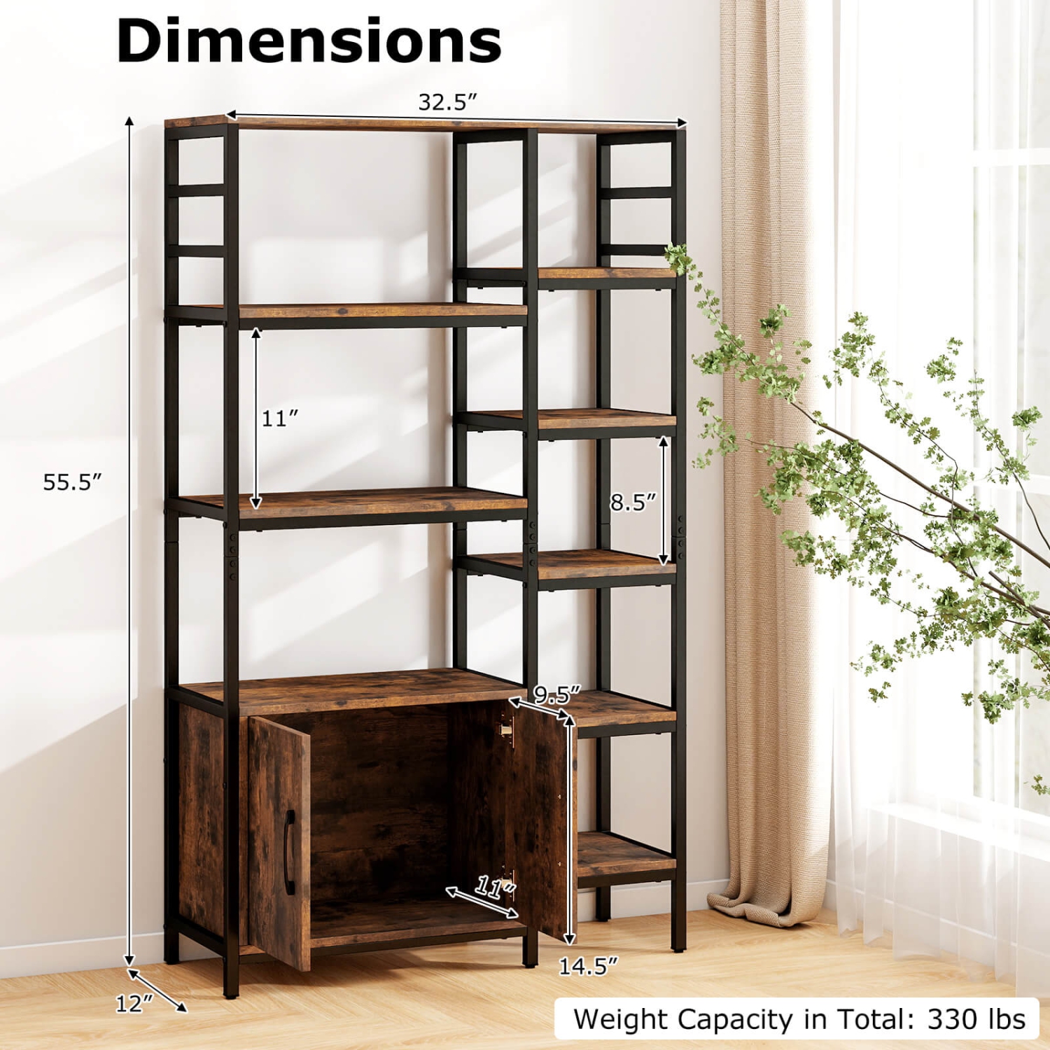 Costway 55.5" Tall Bookcase with 2-Door Cabinet Metal Frame Freestanding Display Rack