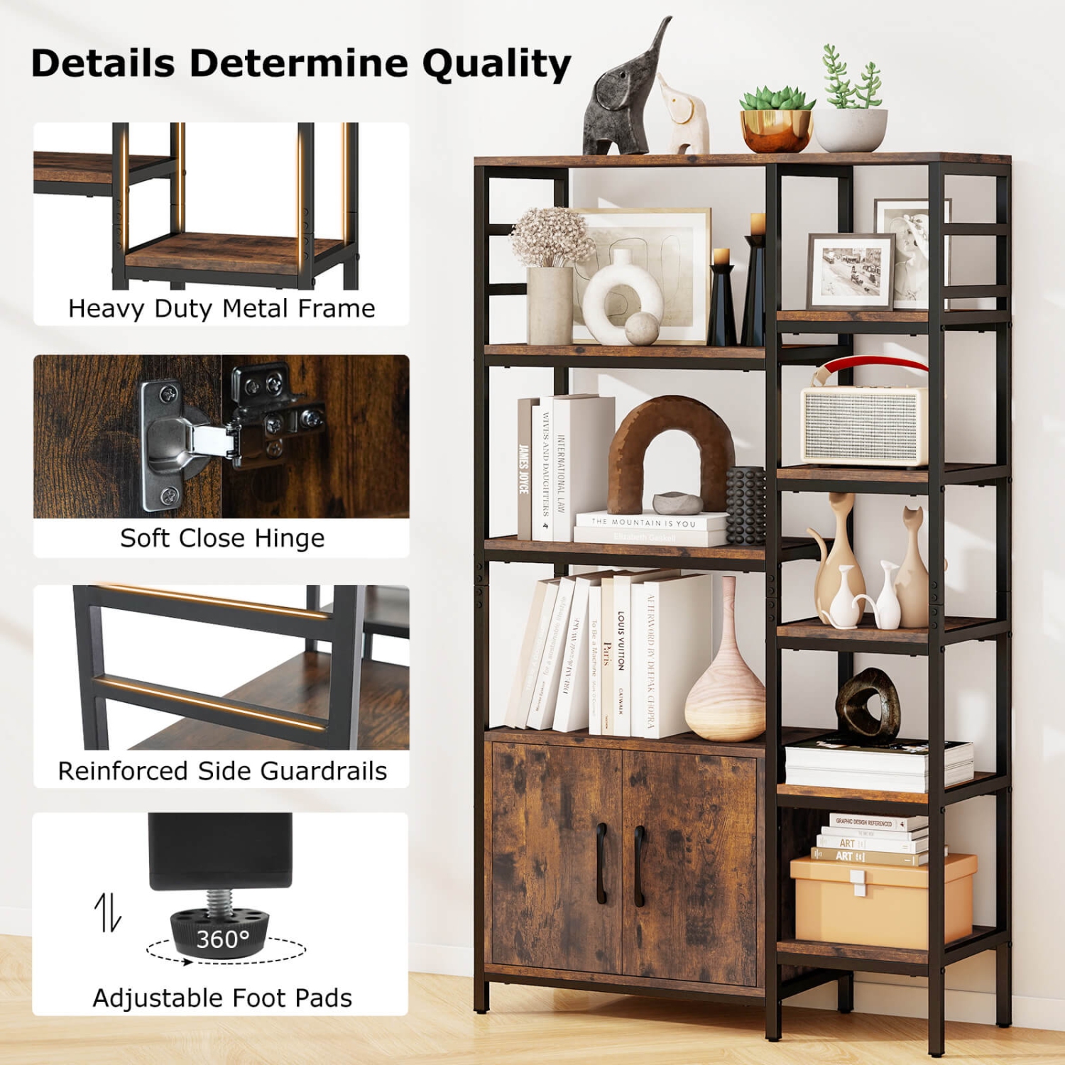 Costway 55.5" Tall Bookcase with 2-Door Cabinet Metal Frame Freestanding Display Rack