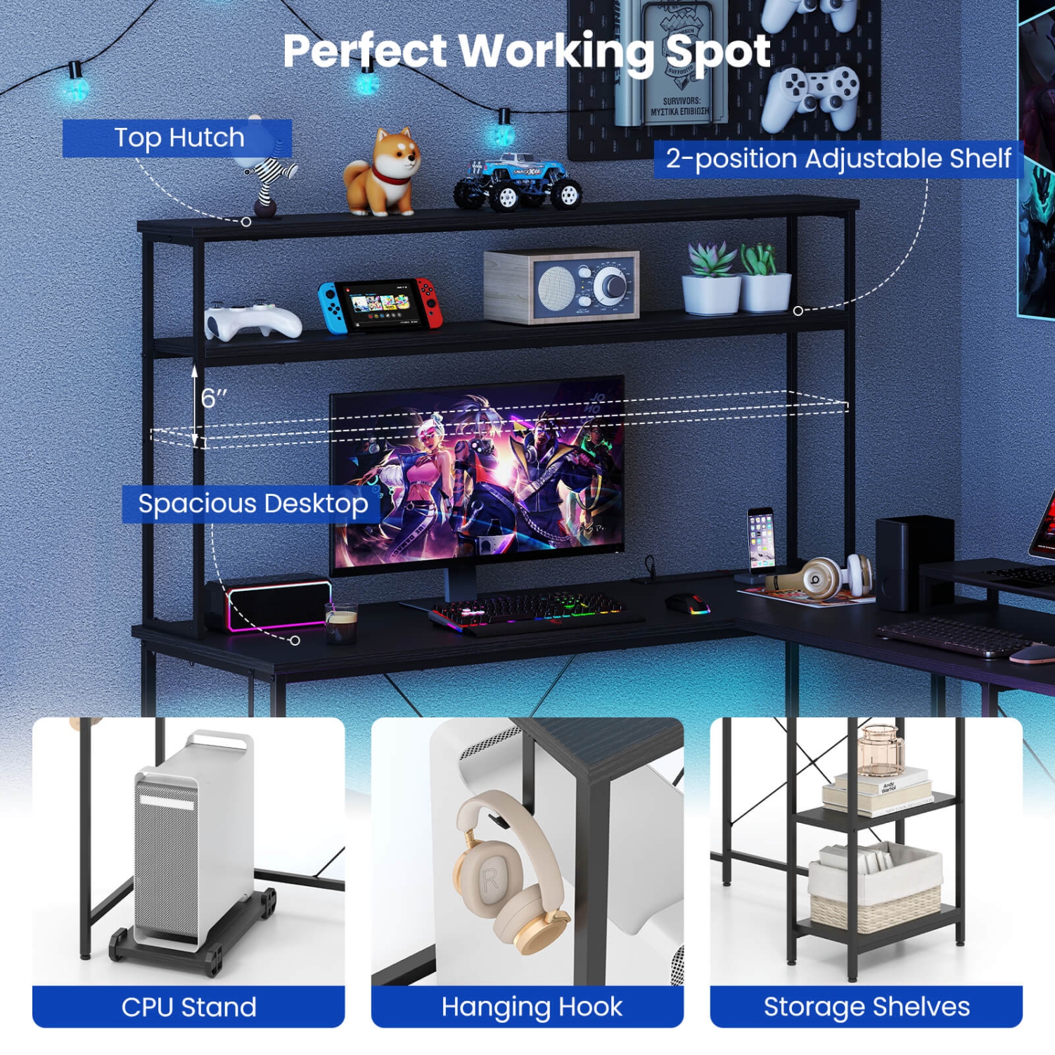 Costway L-Shaped Gaming Desk with LED Strip & Power Outlets Hutch Monitor Stand CPU Stand Brown/Black/Gray