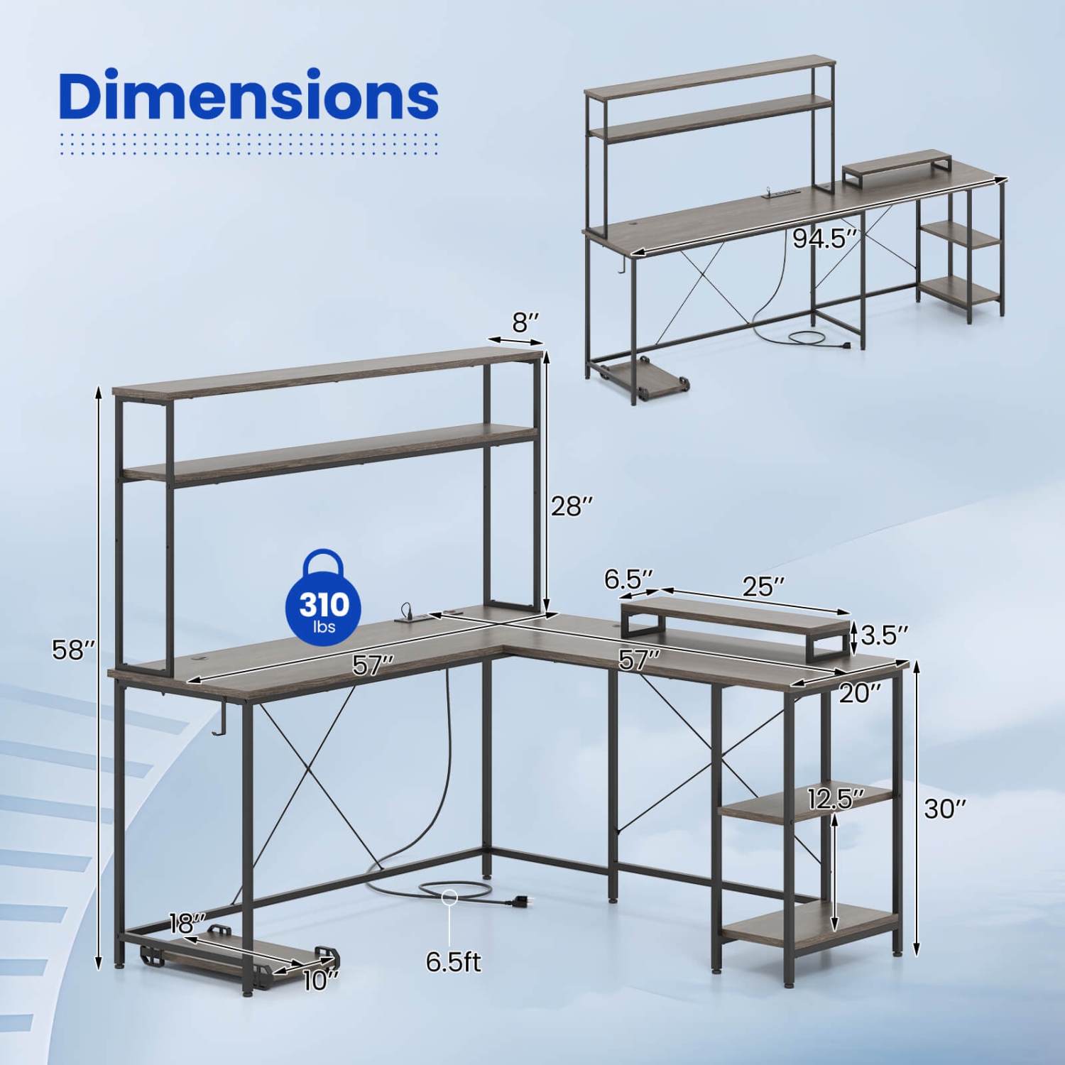 Costway L-Shaped Gaming Desk with LED Strip & Power Outlets Hutch Monitor Stand CPU Stand Brown/Black/Gray