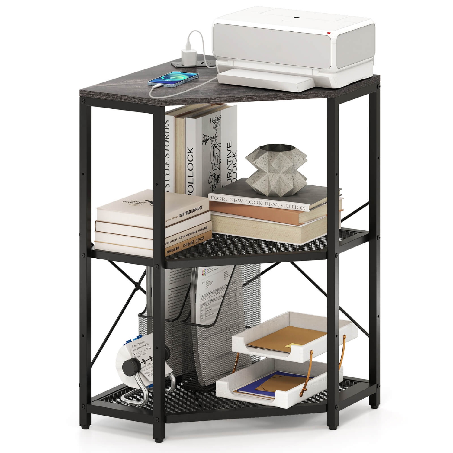 Costway Corner Printer Stand with Charging Station Adjustable Metal Mesh Shelf Black/Brown/White