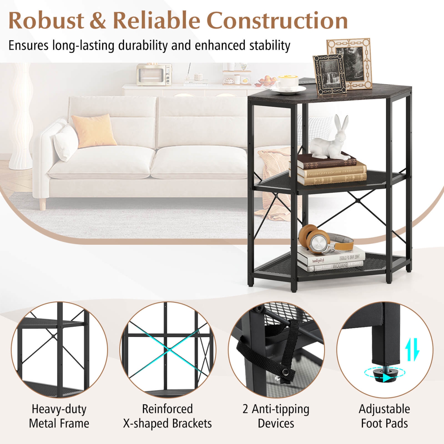 Costway Corner Printer Stand with Charging Station Adjustable Metal Mesh Shelf Black/Brown/White