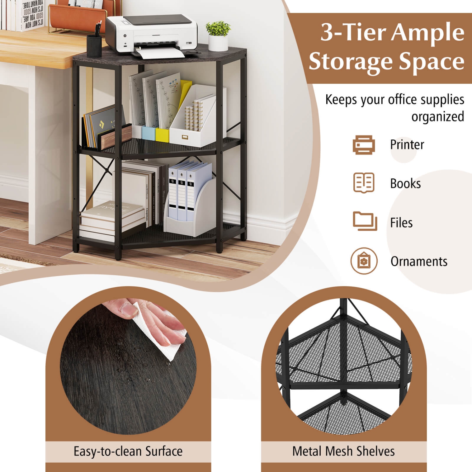 Costway Corner Printer Stand with Charging Station Adjustable Metal Mesh Shelf Black/Brown/White