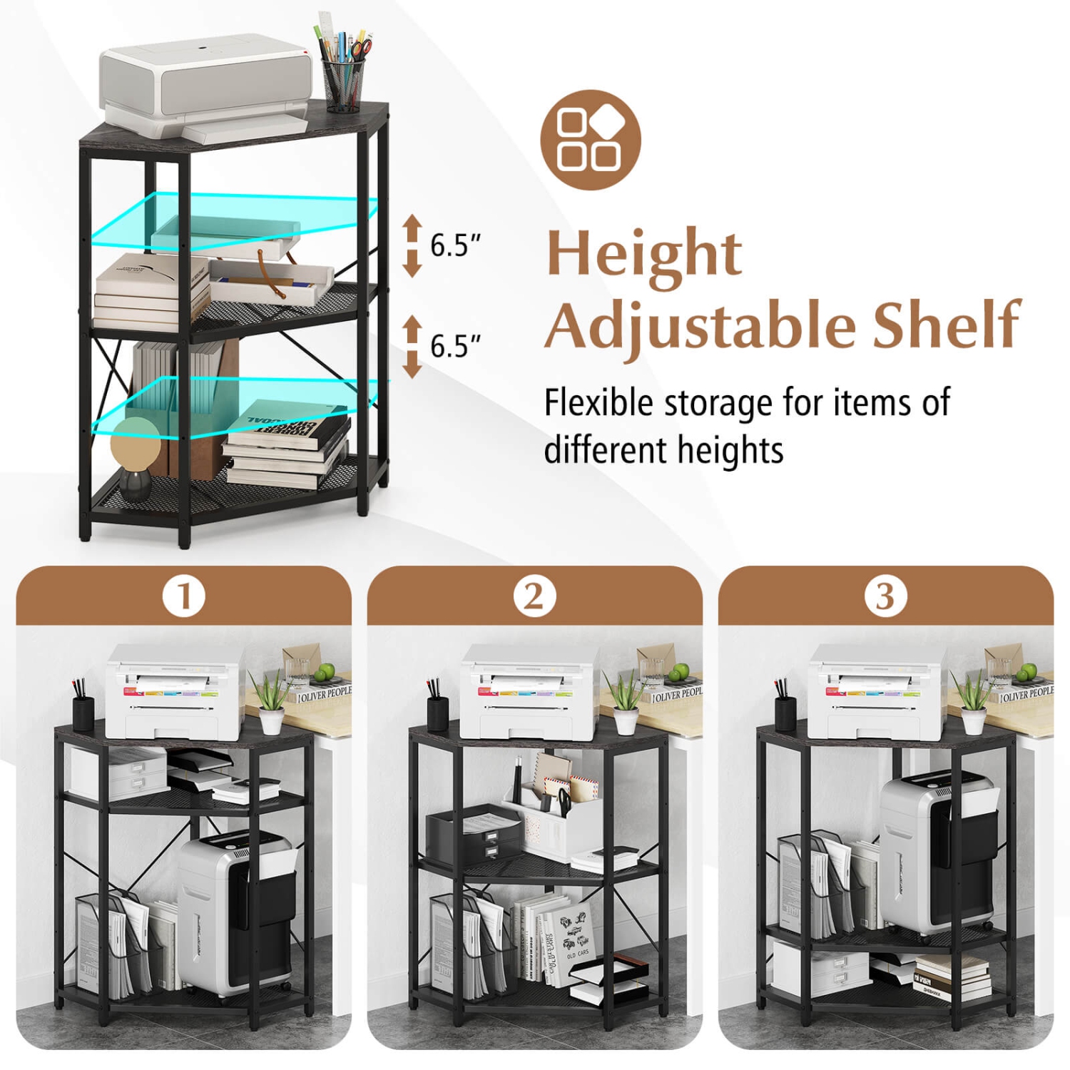 Costway Corner Printer Stand with Charging Station Adjustable Metal Mesh Shelf Black/Brown/White