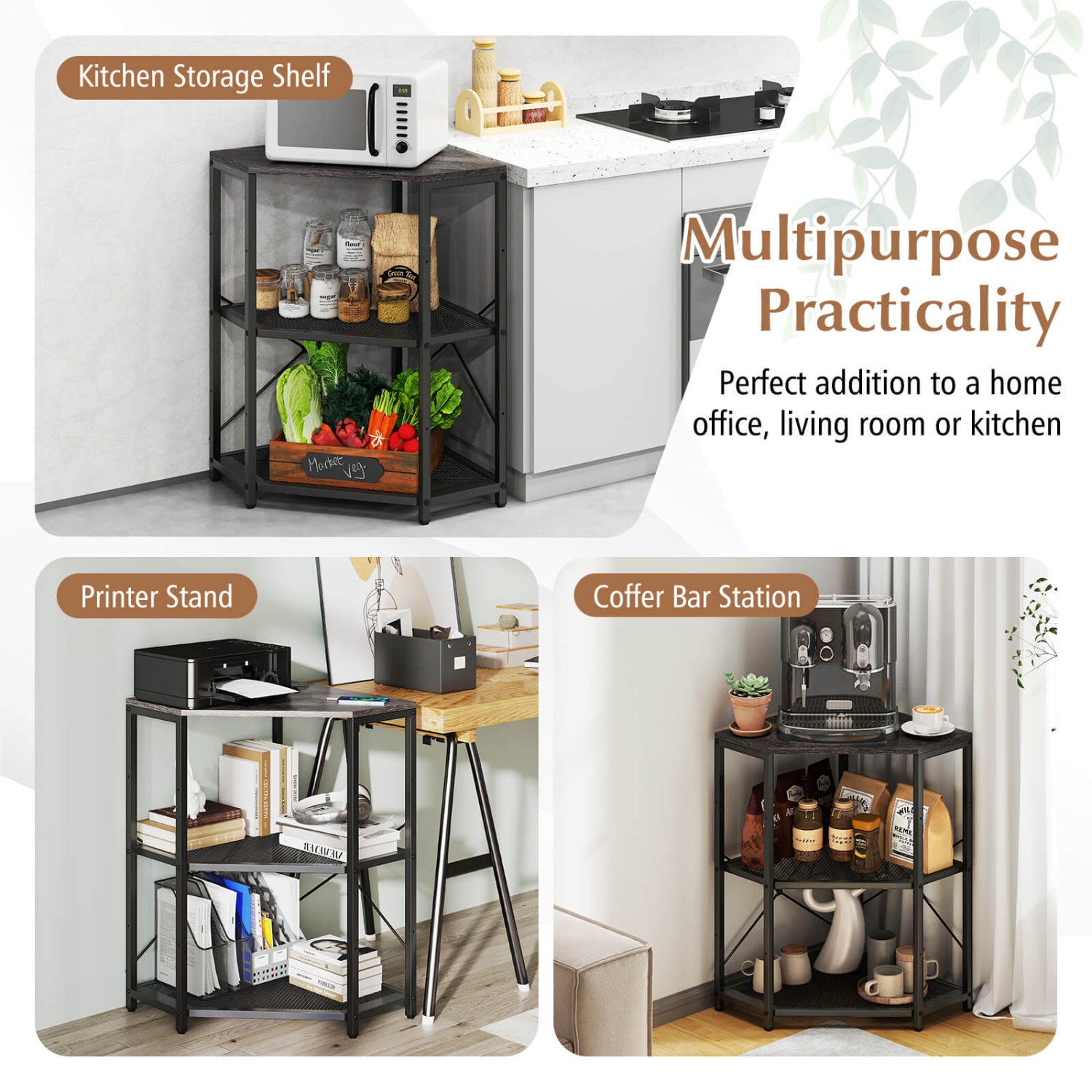 Costway Corner Printer Stand with Charging Station Adjustable Metal Mesh Shelf Black/Brown/White