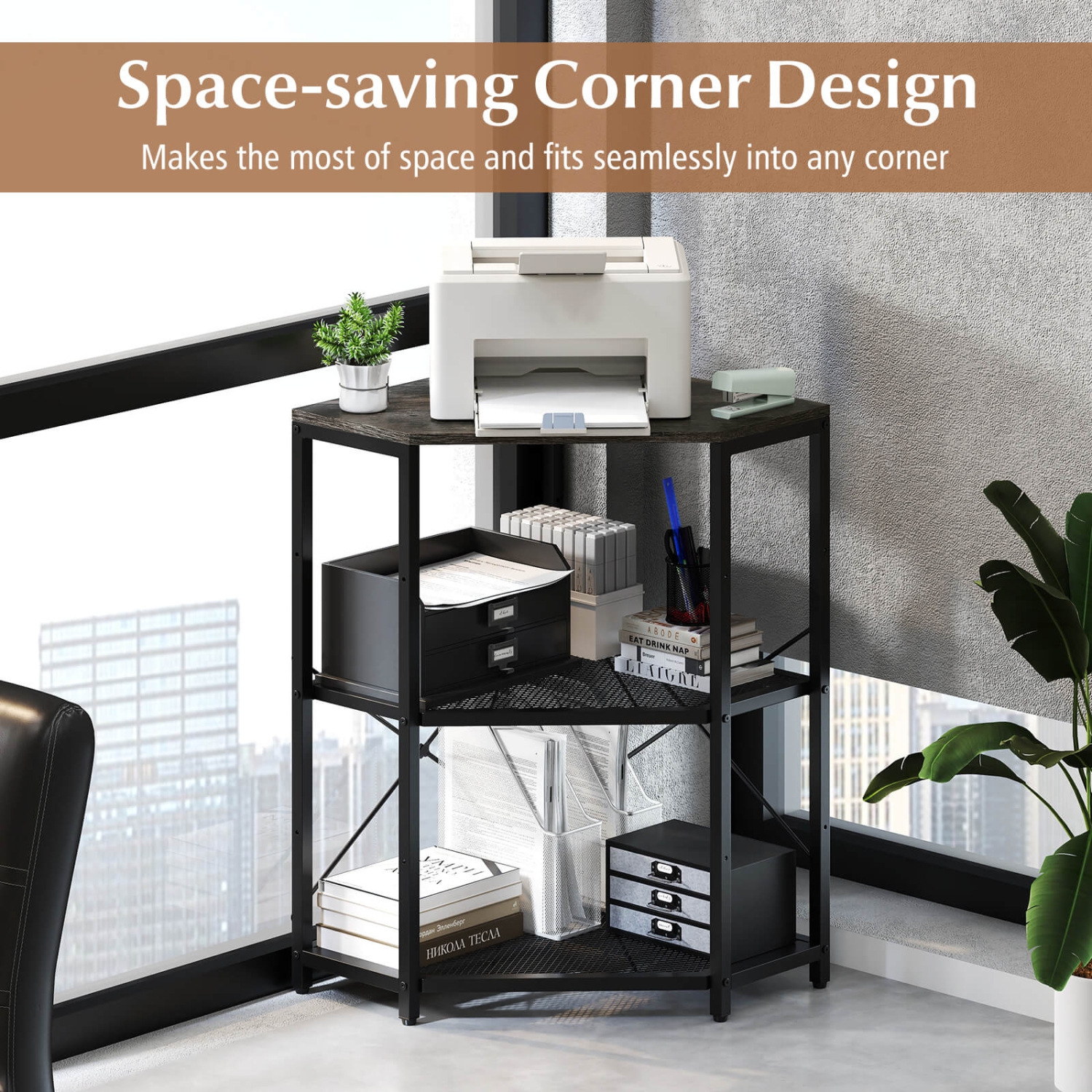 Costway Corner Printer Stand with Charging Station Adjustable Metal Mesh Shelf Black/Brown/White