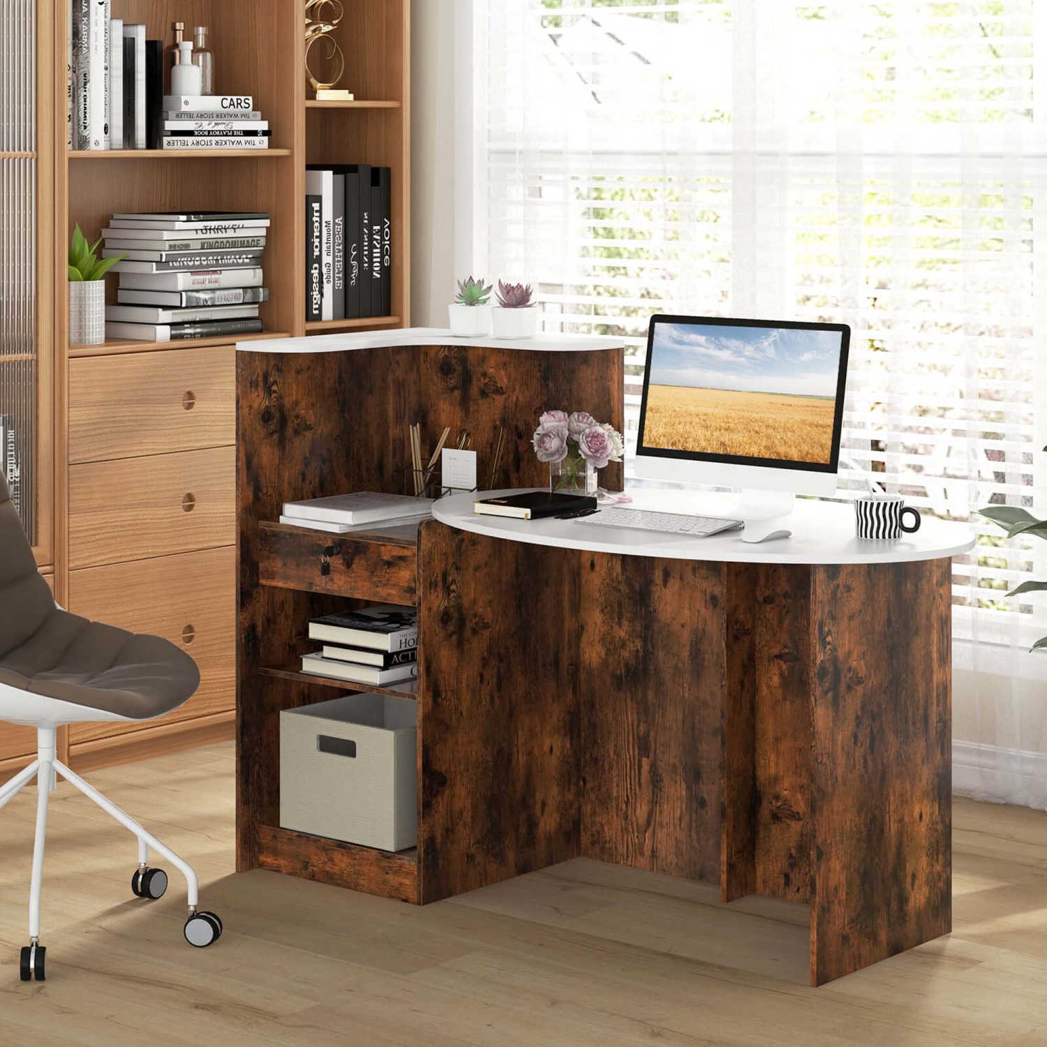 Costway Reception Desk with Lockable Drawer & Adjustable Shelf Oval Tabletop for Store White/Black