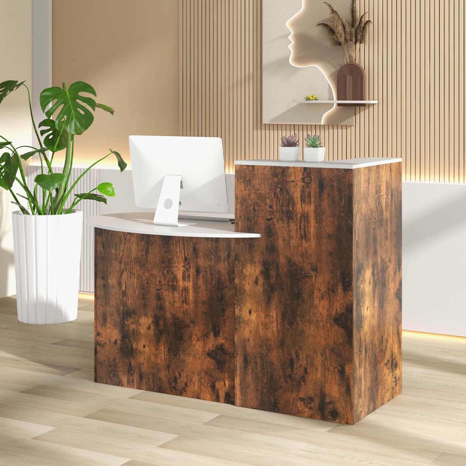 Costway Reception Desk with Lockable Drawer & Adjustable Shelf Oval Tabletop for Store White/Black