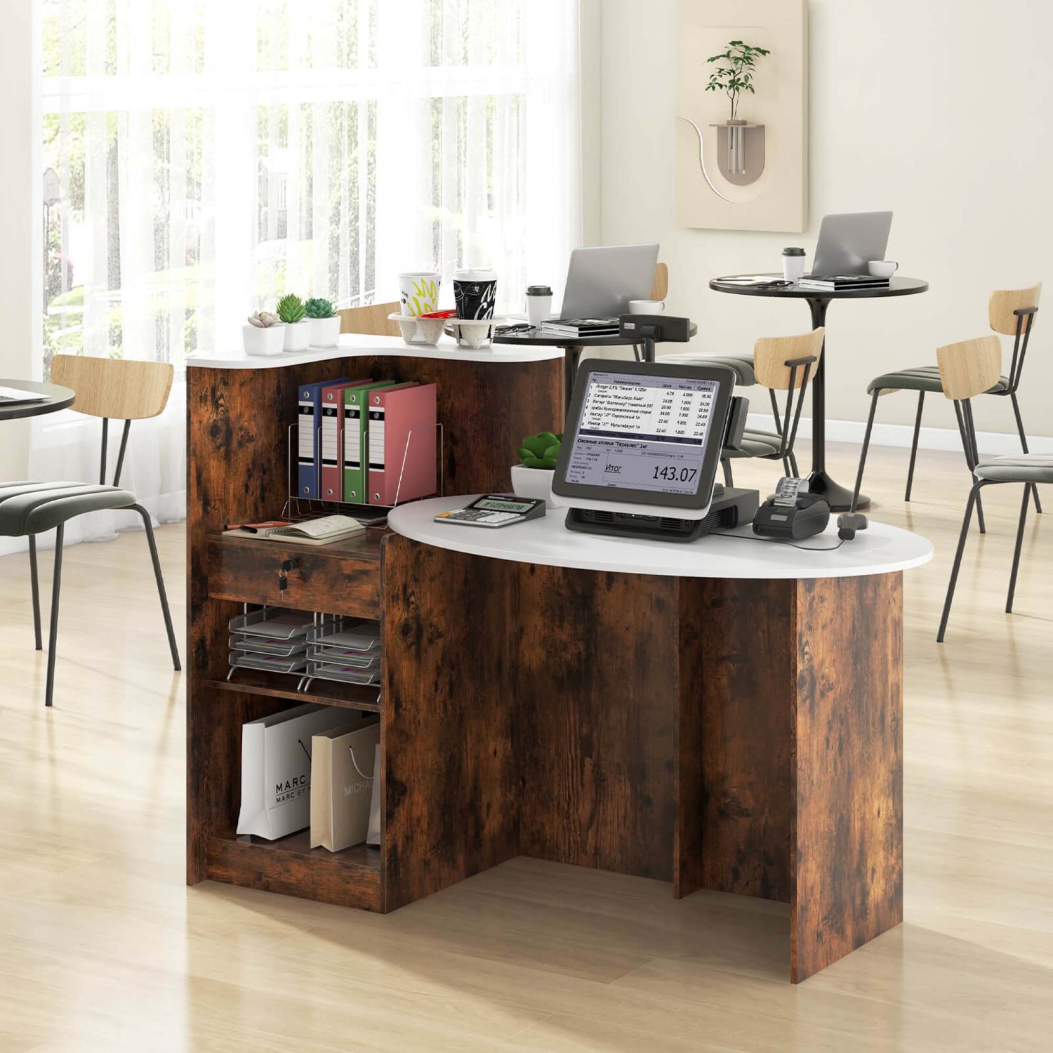 Costway Reception Desk with Lockable Drawer & Adjustable Shelf Oval Tabletop for Store White/Black