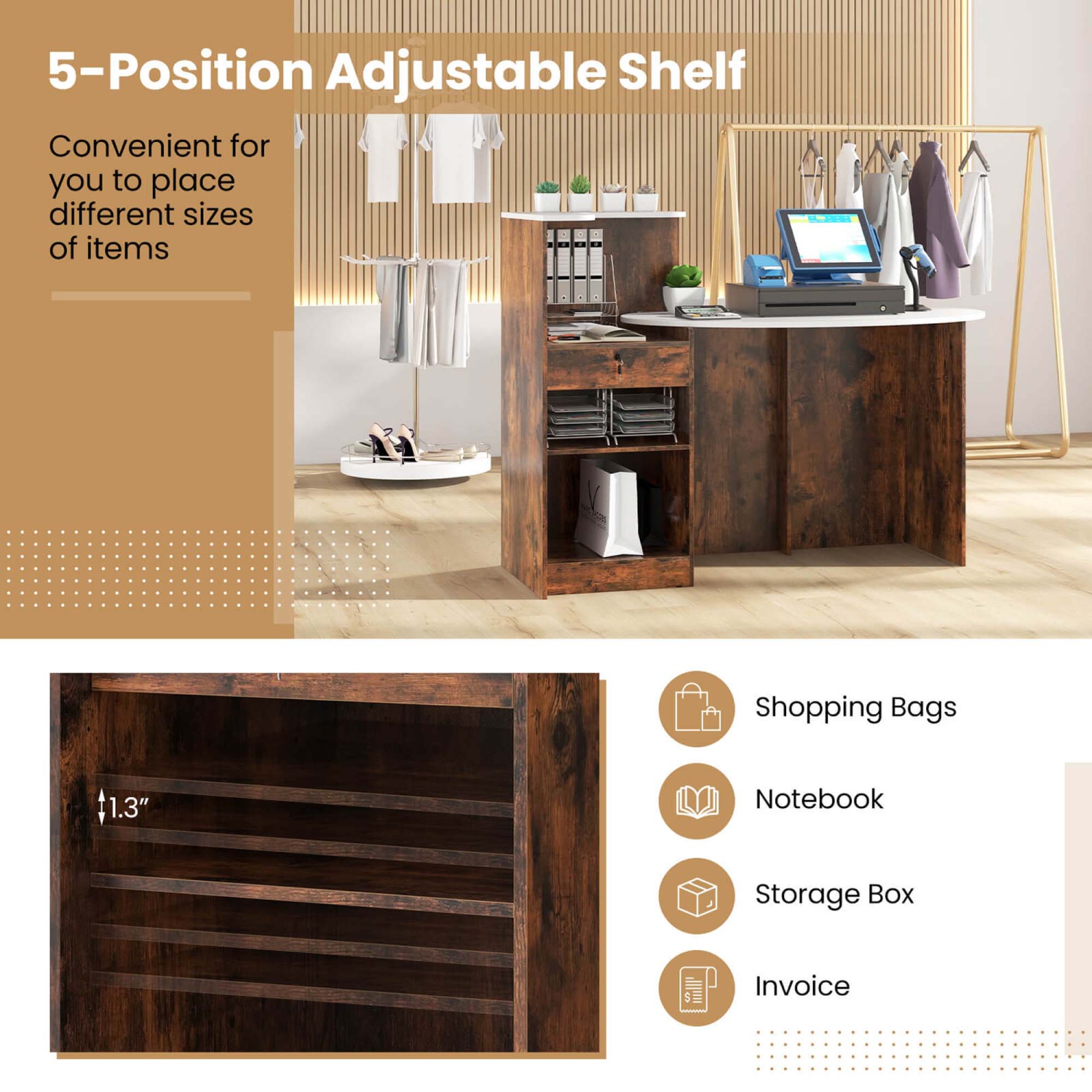 Costway Reception Desk with Lockable Drawer & Adjustable Shelf Oval Tabletop for Store White/Black