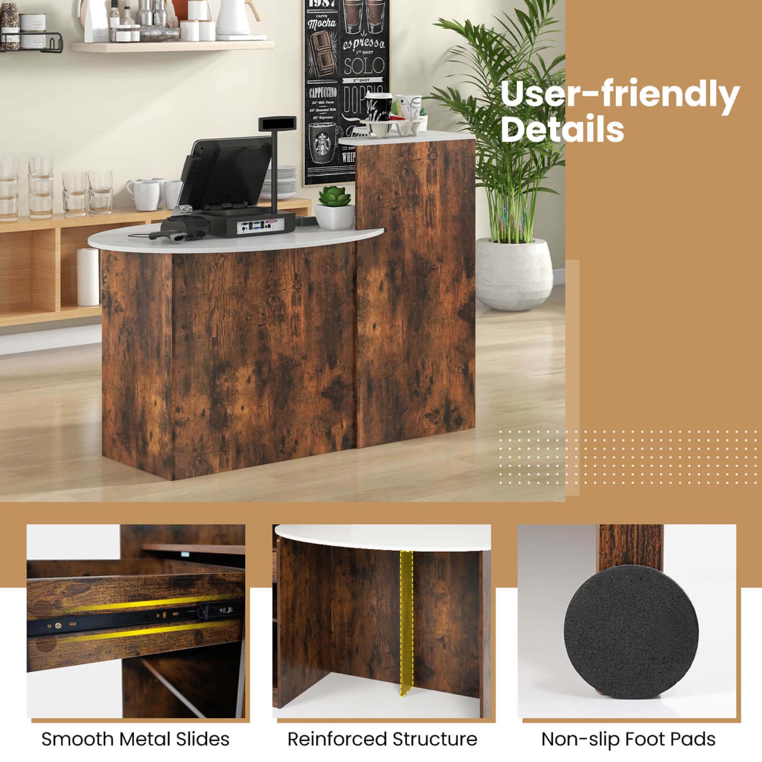 Costway Reception Desk with Lockable Drawer & Adjustable Shelf Oval Tabletop for Store White/Black