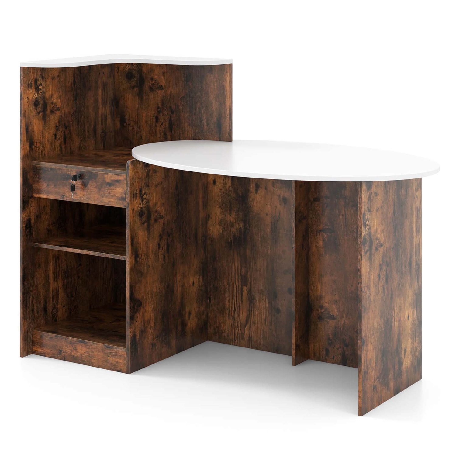Costway Reception Desk with Lockable Drawer & Adjustable Shelf Oval Tabletop for Store White/Black
