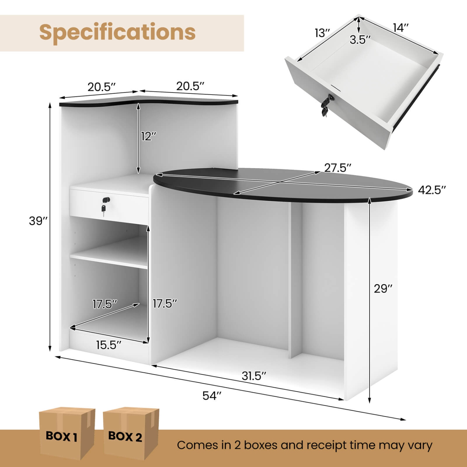 Bureau de réception de Costway avec tiroir verrouillable et tablette ajustable, table ovale pour magasin, blanc/noir