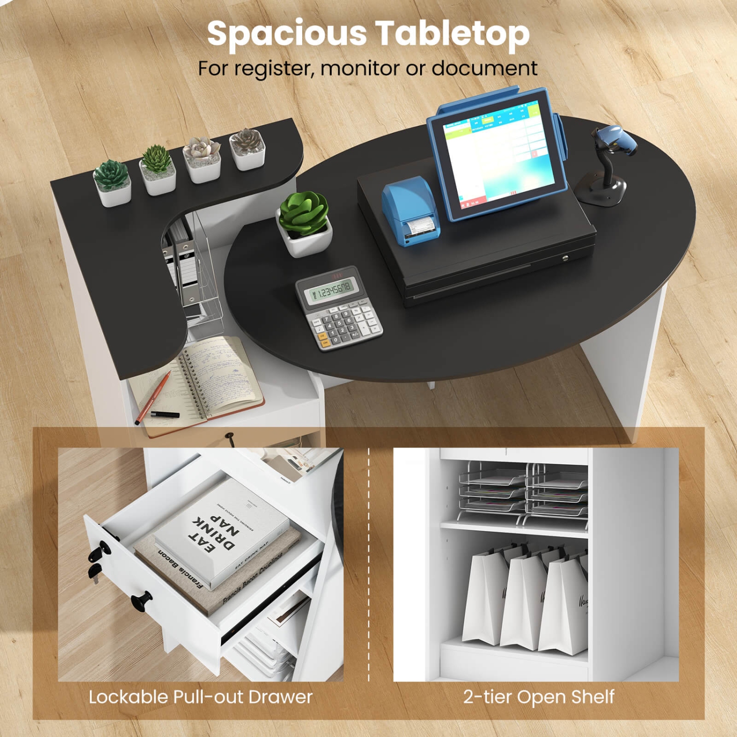 Bureau de réception de Costway avec tiroir verrouillable et tablette ajustable, table ovale pour magasin, blanc/noir
