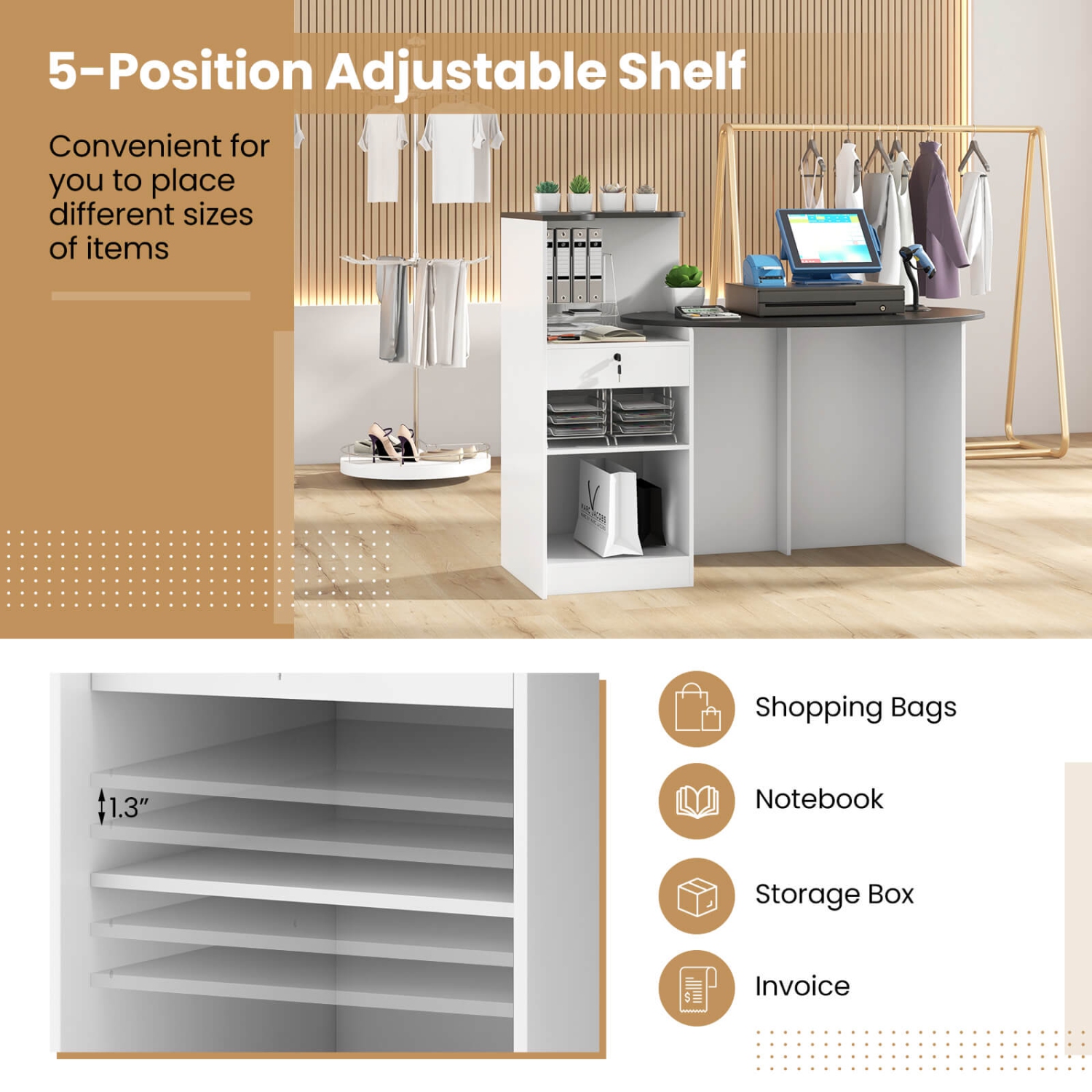 Bureau de réception de Costway avec tiroir verrouillable et tablette ajustable, table ovale pour magasin, blanc/noir