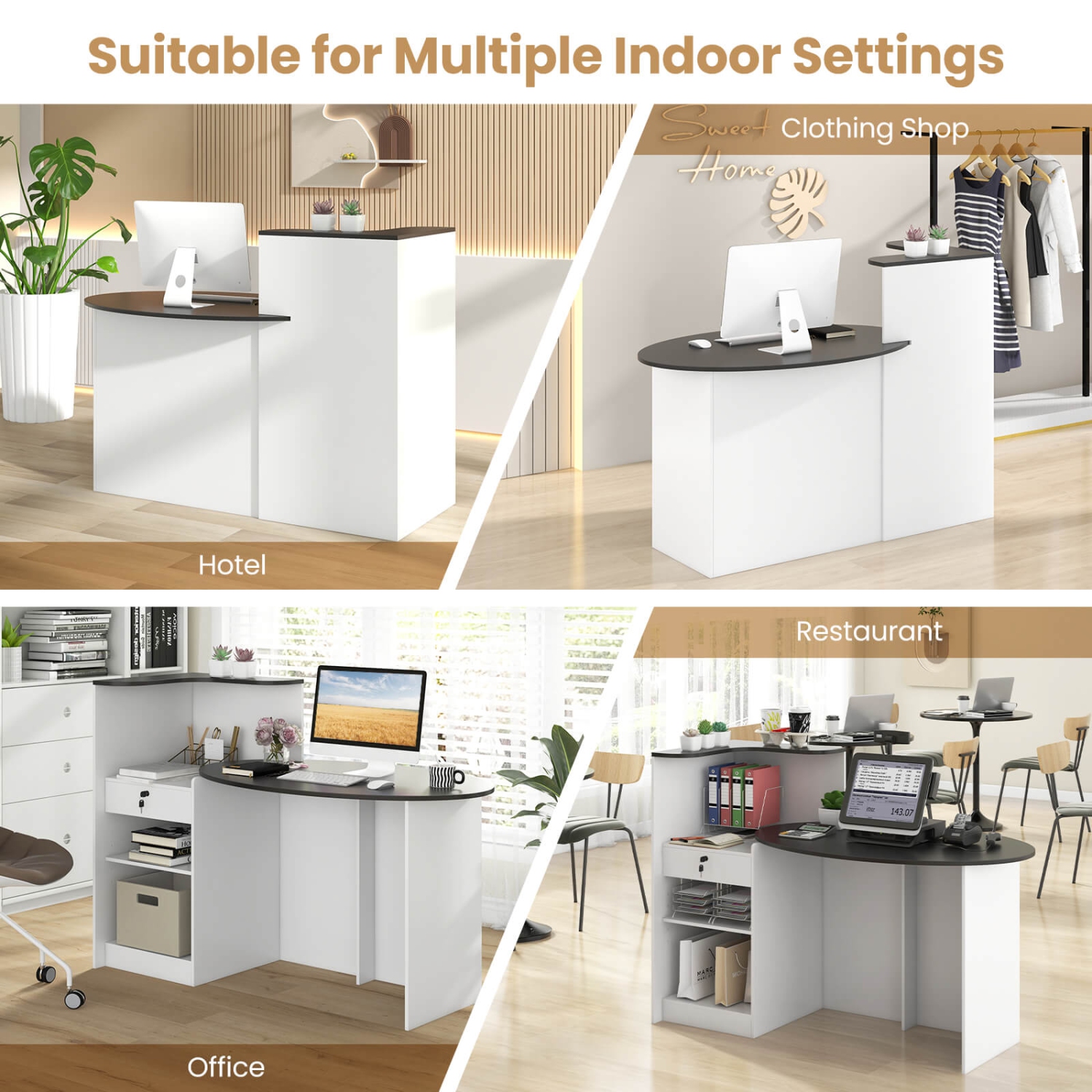 Bureau de réception de Costway avec tiroir verrouillable et tablette ajustable, table ovale pour magasin, blanc/noir