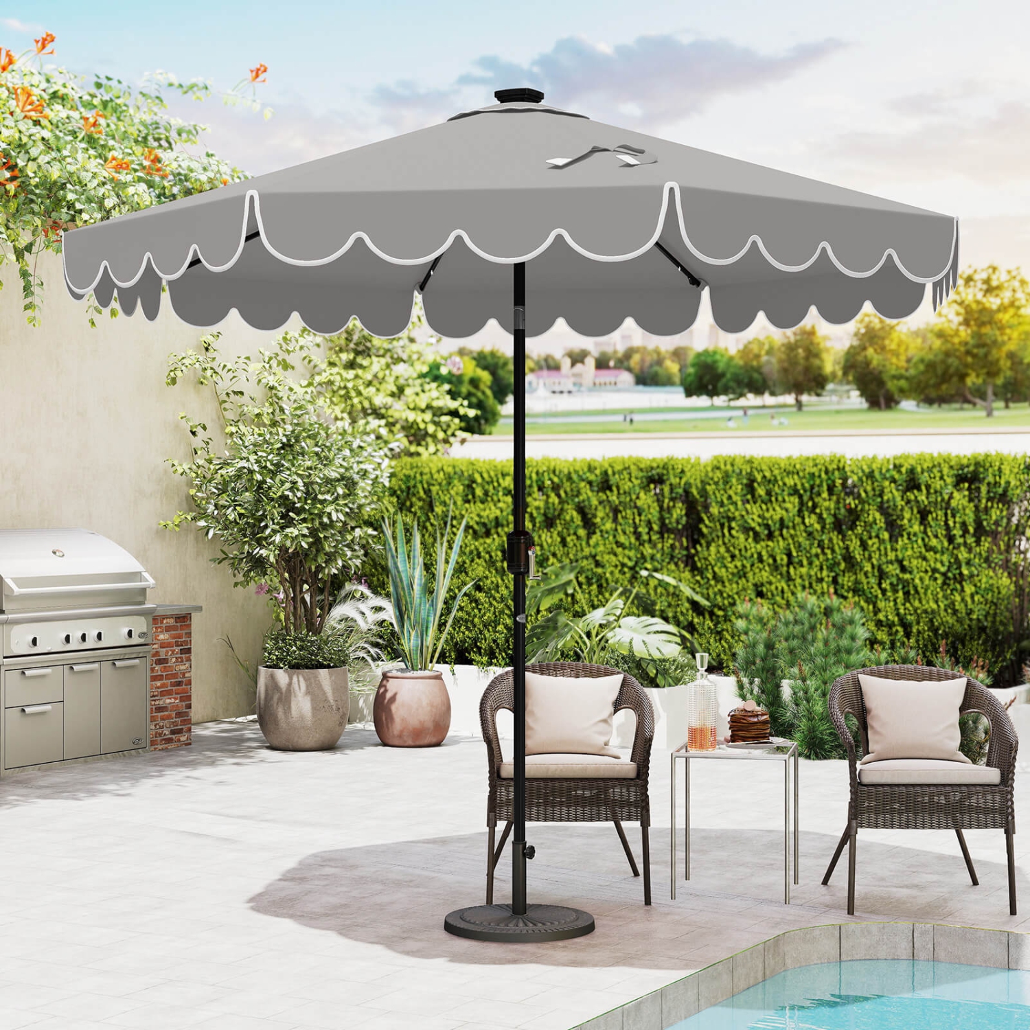 Costway 9.3 FT Solar Patio Umbrella Outdoor Market Sunshade with 24 LED Lights, Ruffles Gray