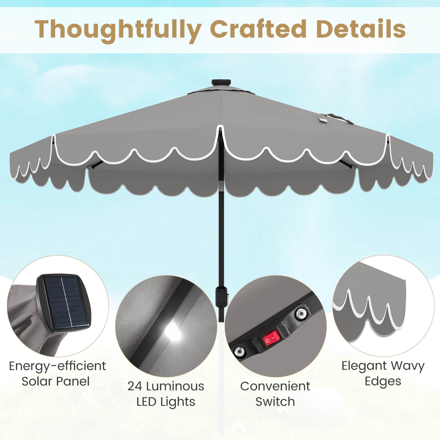 Costway 9.3 FT Solar Patio Umbrella Outdoor Market Sunshade with 24 LED Lights, Ruffles Gray