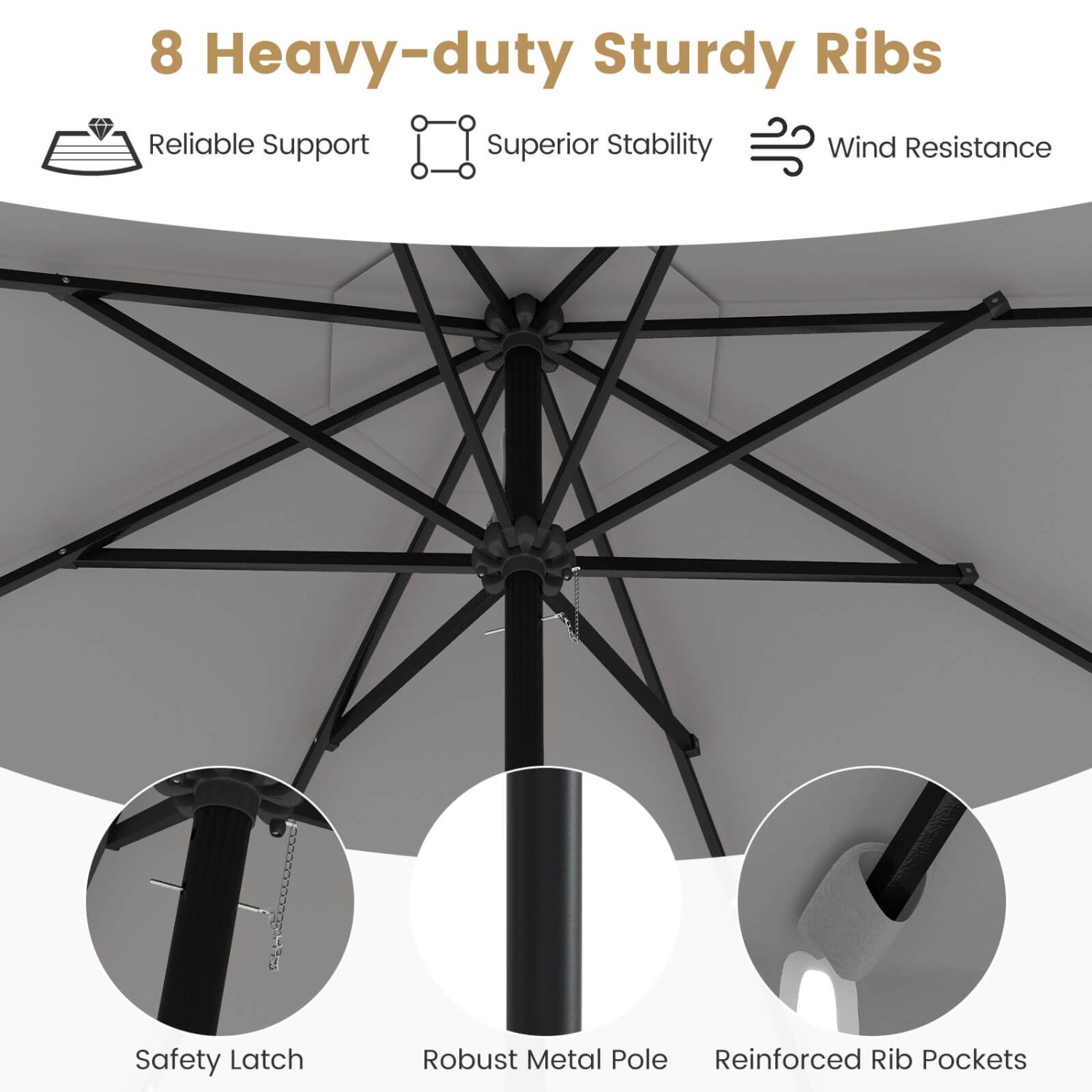 Costway 9.3 FT Solar Patio Umbrella Outdoor Market Sunshade with 24 LED Lights, Ruffles Gray