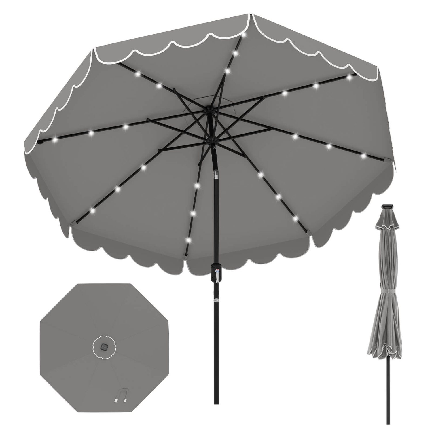 Costway 9.3 FT Solar Patio Umbrella Outdoor Market Sunshade with 24 LED Lights, Ruffles Gray