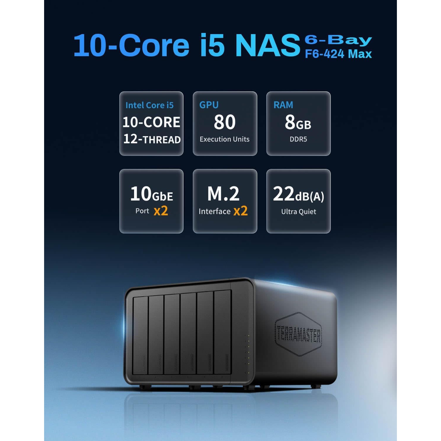 TERRAMASTER F6-424 Max NAS Storage - 6Bay Core i5 1235U 10-Cores 12-Threads, 8GB DDR5 RAM, Dual 10GbE Ports