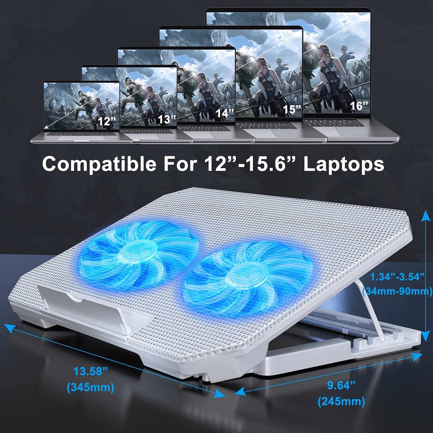 LIENS - Laptop Cooling Pad with Adjustable Height, Dual 5.1-Inch Fans, 2 USB Ports for 12"-15.6" Laptops