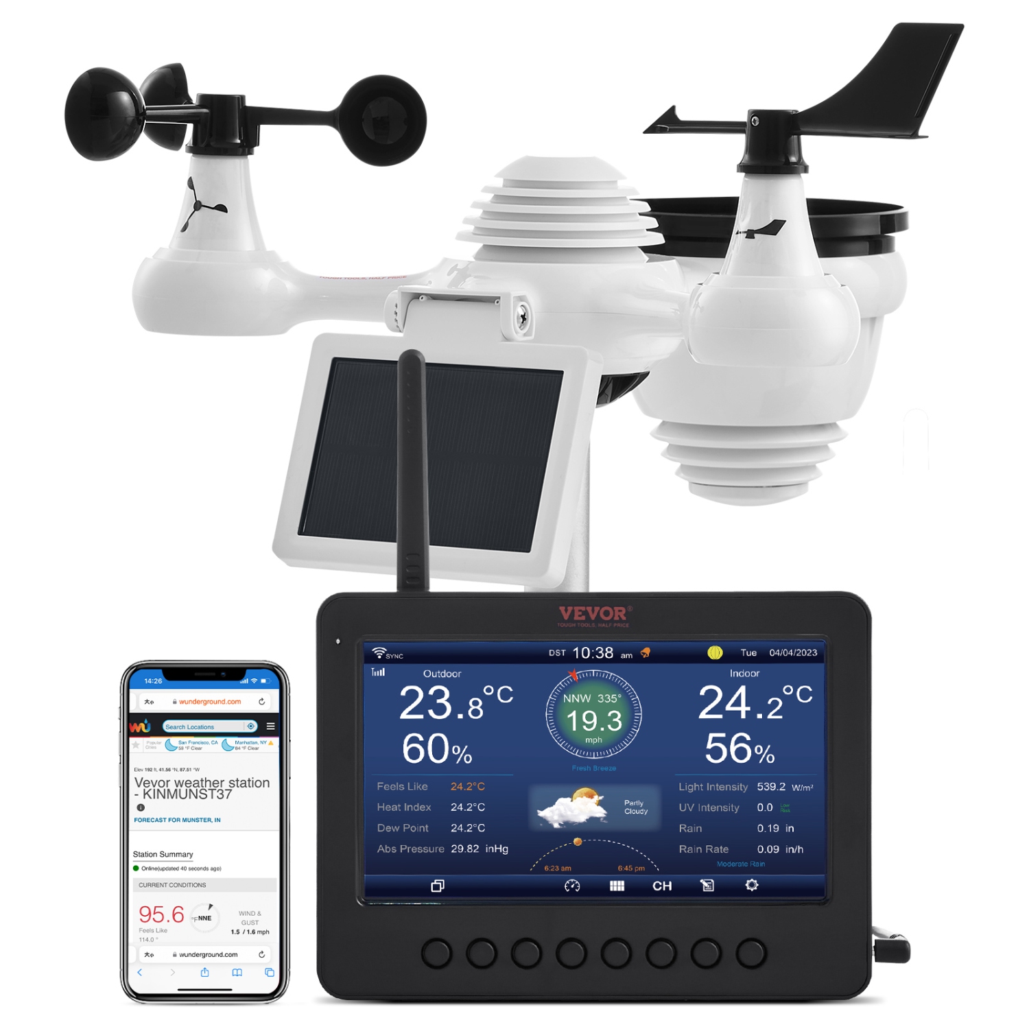 VEVOR 7-in-1 Wireless Weather Station with Wi-Fi, 7" TFT Colorful Display, Solar-Powered Outdoor Sensor, Indoor & Outdoor Monitoring, Includes