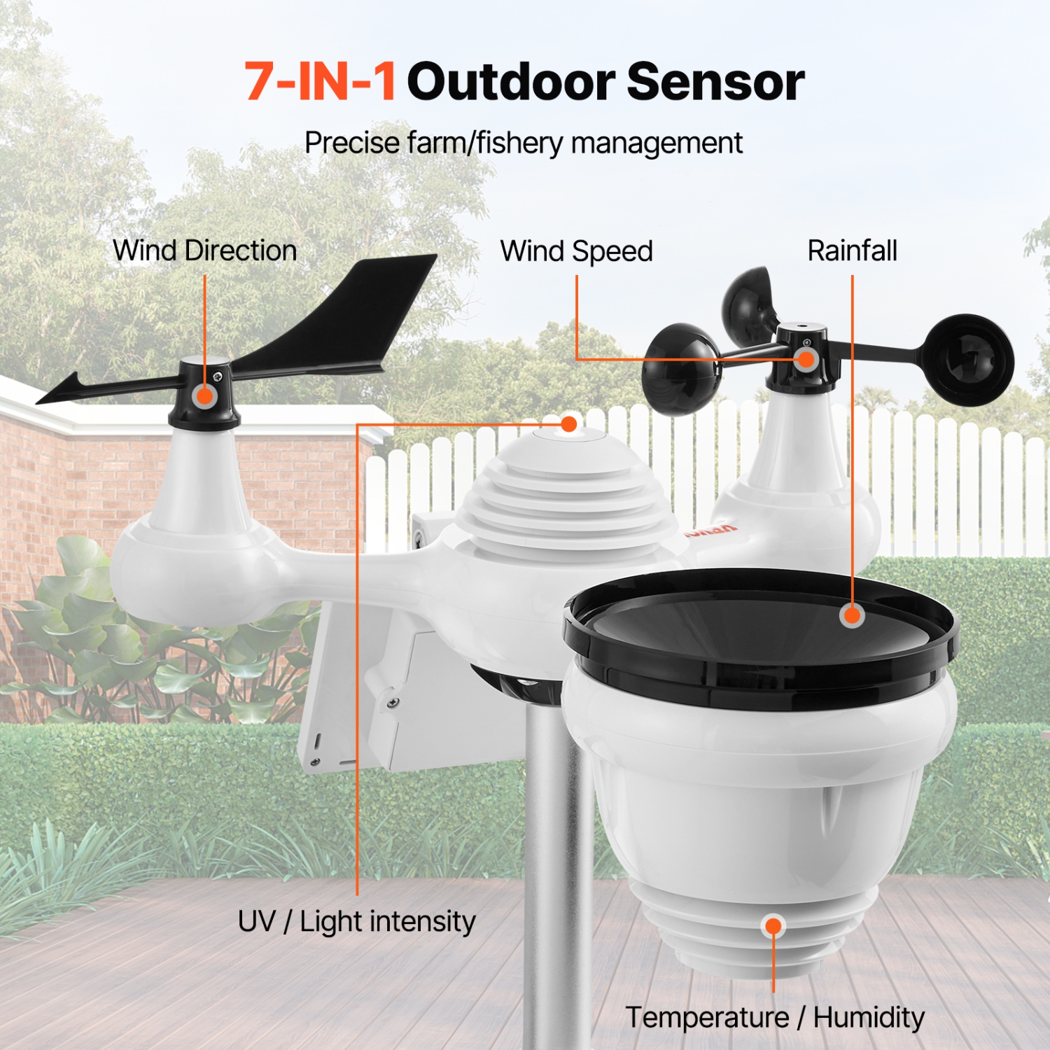 VEVOR 7-in-1 Wireless Weather Station with Wi-Fi, 7" TFT Colorful Display, Solar-Powered Outdoor Sensor, Indoor & Outdoor Monitoring, Includes