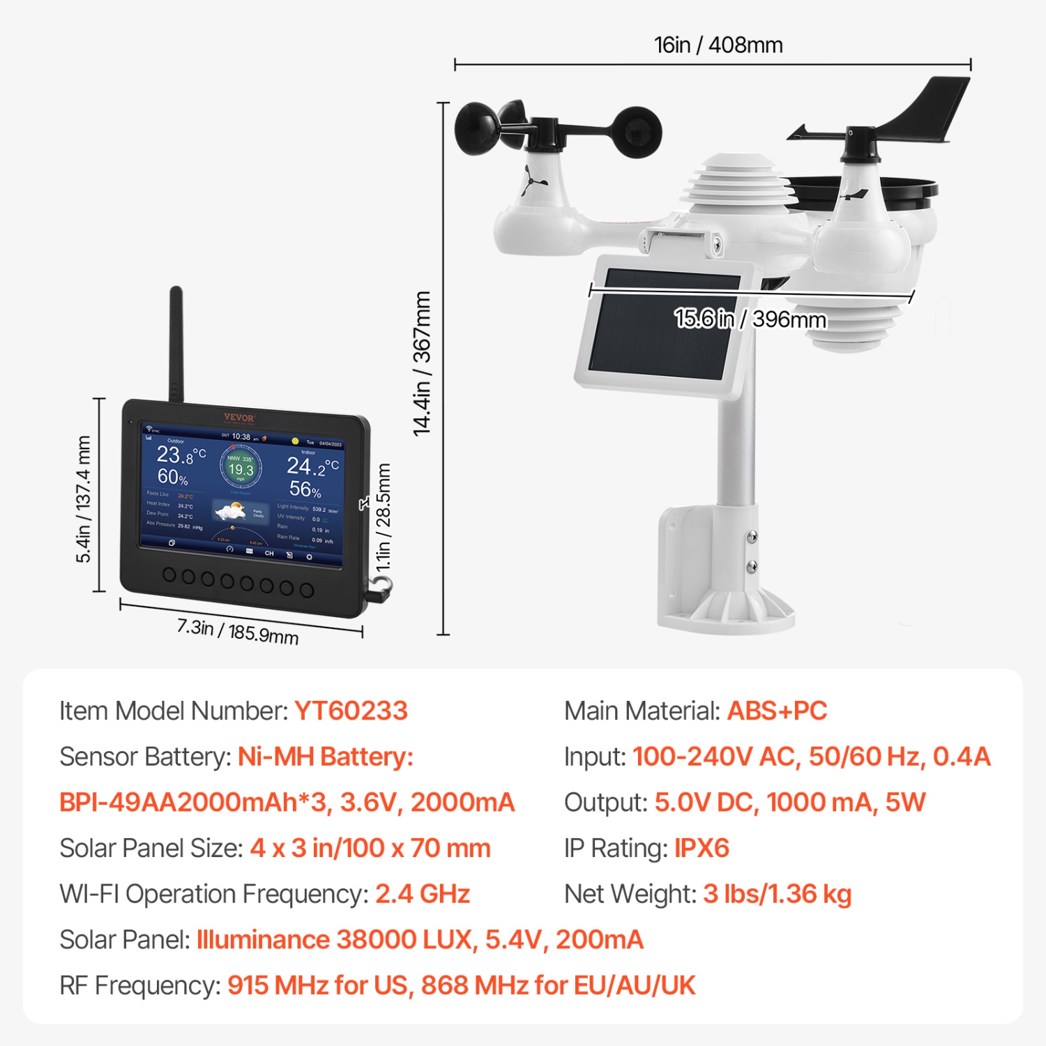 VEVOR 7-in-1 Wireless Weather Station with Wi-Fi, 7" TFT Colorful Display, Solar-Powered Outdoor Sensor, Indoor & Outdoor Monitoring, Includes