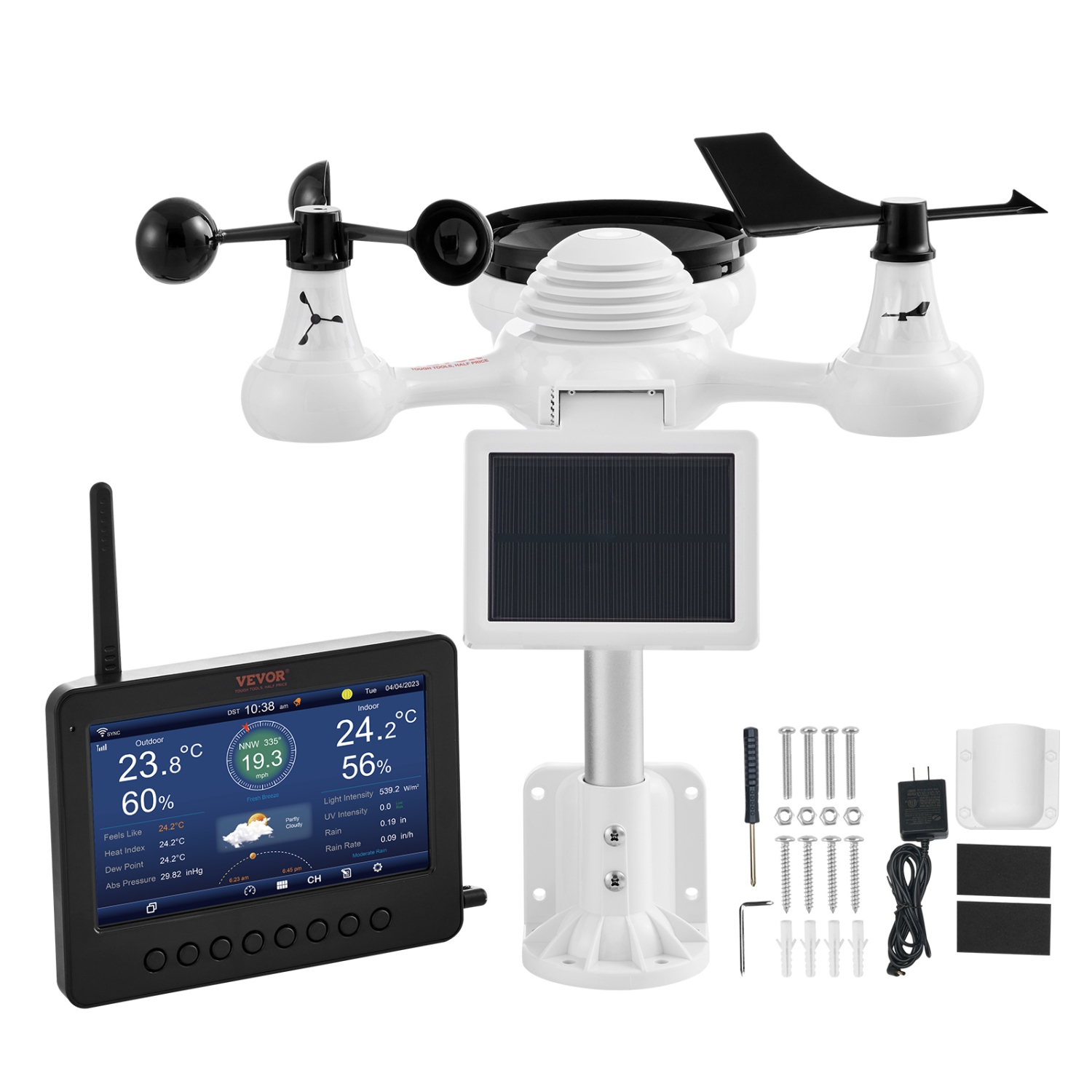 VEVOR 7-in-1 Wireless Weather Station with Wi-Fi, 7" TFT Colorful Display, Solar-Powered Outdoor Sensor, Indoor & Outdoor Monitoring, Includes