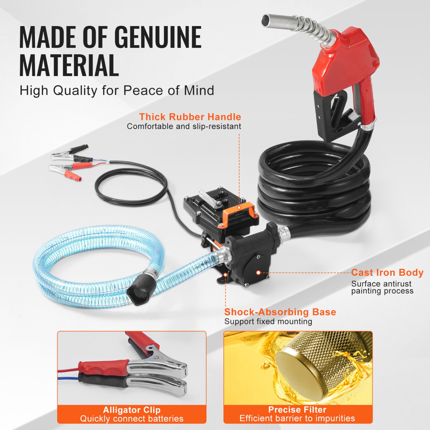 VEVOR 12V DC Fuel Transfer Pump,15 GPM 1/4 HP, Portable Electric Diesel Transfer Pump with Auto Shut-Off Fuel Nozzle, Long Inlet & Outlet Hose for