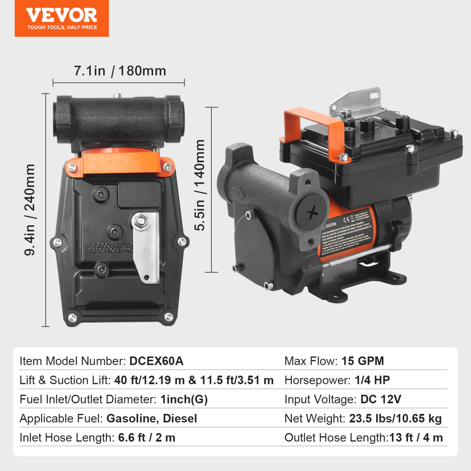 VEVOR 12V DC Fuel Transfer Pump,15 GPM 1/4 HP, Portable Electric Diesel Transfer Pump with Auto Shut-Off Fuel Nozzle, Long Inlet & Outlet Hose for