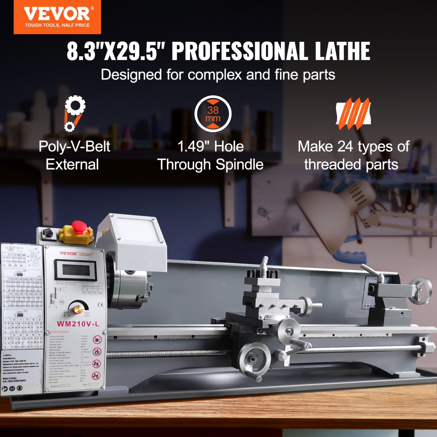 VEVOR 211 mm x 750 mm Metal Lathe Machine, Precision Benchtop Power Metal Lathe, 0-2500 RPM Continuously Variable Speed, 750W Brushless Motor Metal