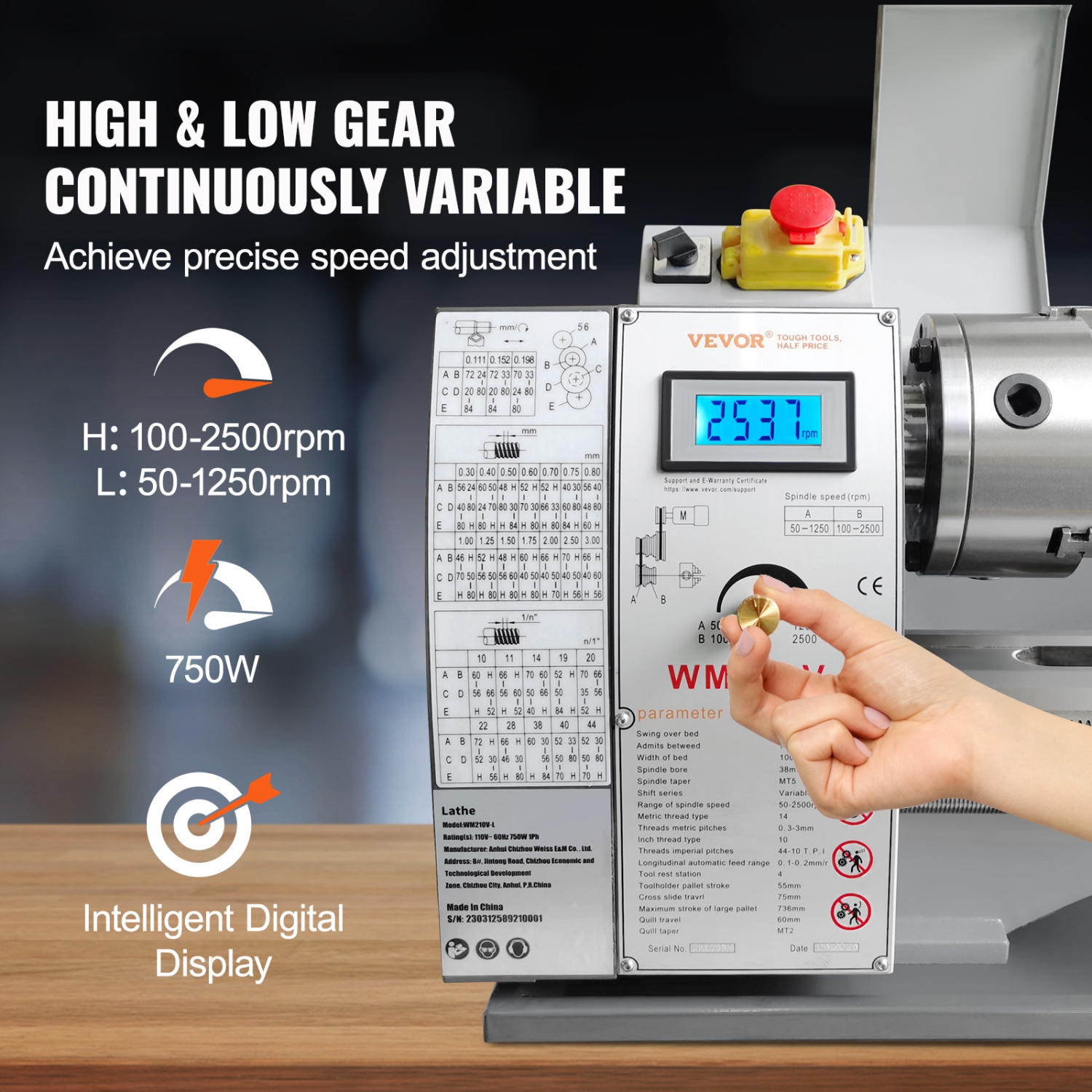 VEVOR 211 mm x 750 mm Metal Lathe Machine, Precision Benchtop Power Metal Lathe, 0-2500 RPM Continuously Variable Speed, 750W Brushless Motor Metal