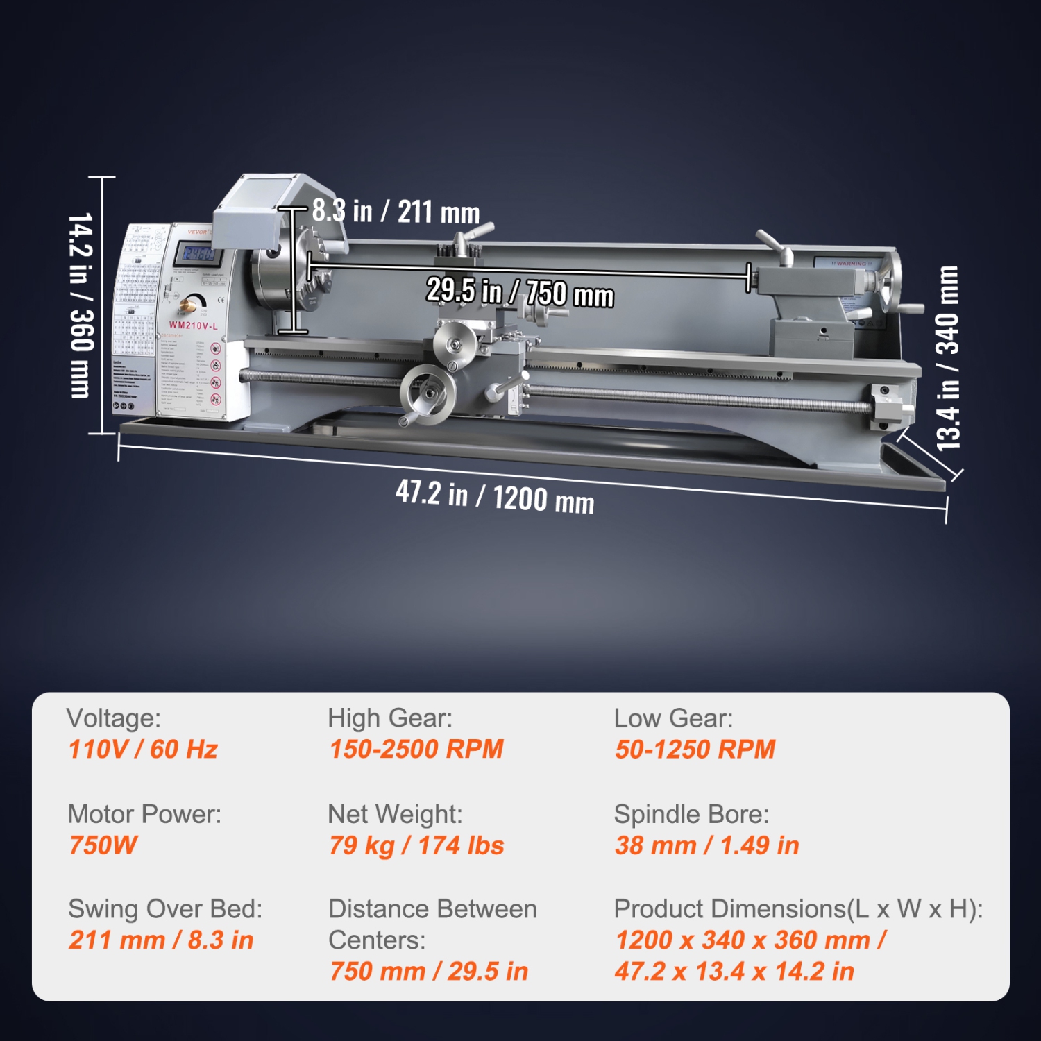 VEVOR 211 mm x 750 mm Metal Lathe Machine, Precision Benchtop Power Metal Lathe, 0-2500 RPM Continuously Variable Speed, 750W Brushless Motor Metal