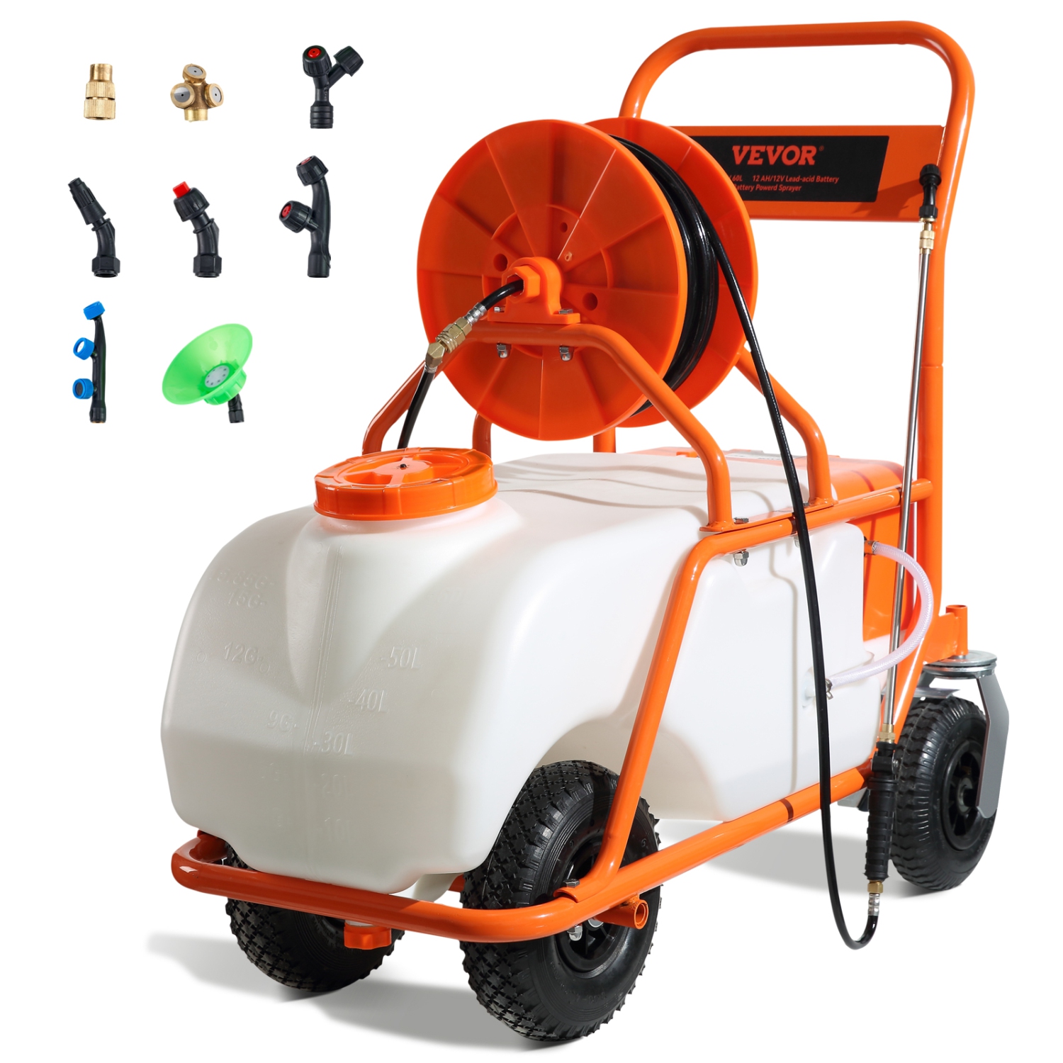 VEVOR 0-90 PSI Battery Powered Lawn Sprayer on Wheel, Adjustable Pressure, 15 Gallon Tank, Cart Sprayer with 8 Nozzles and 2 Wands, 12V 12Ah Battery,