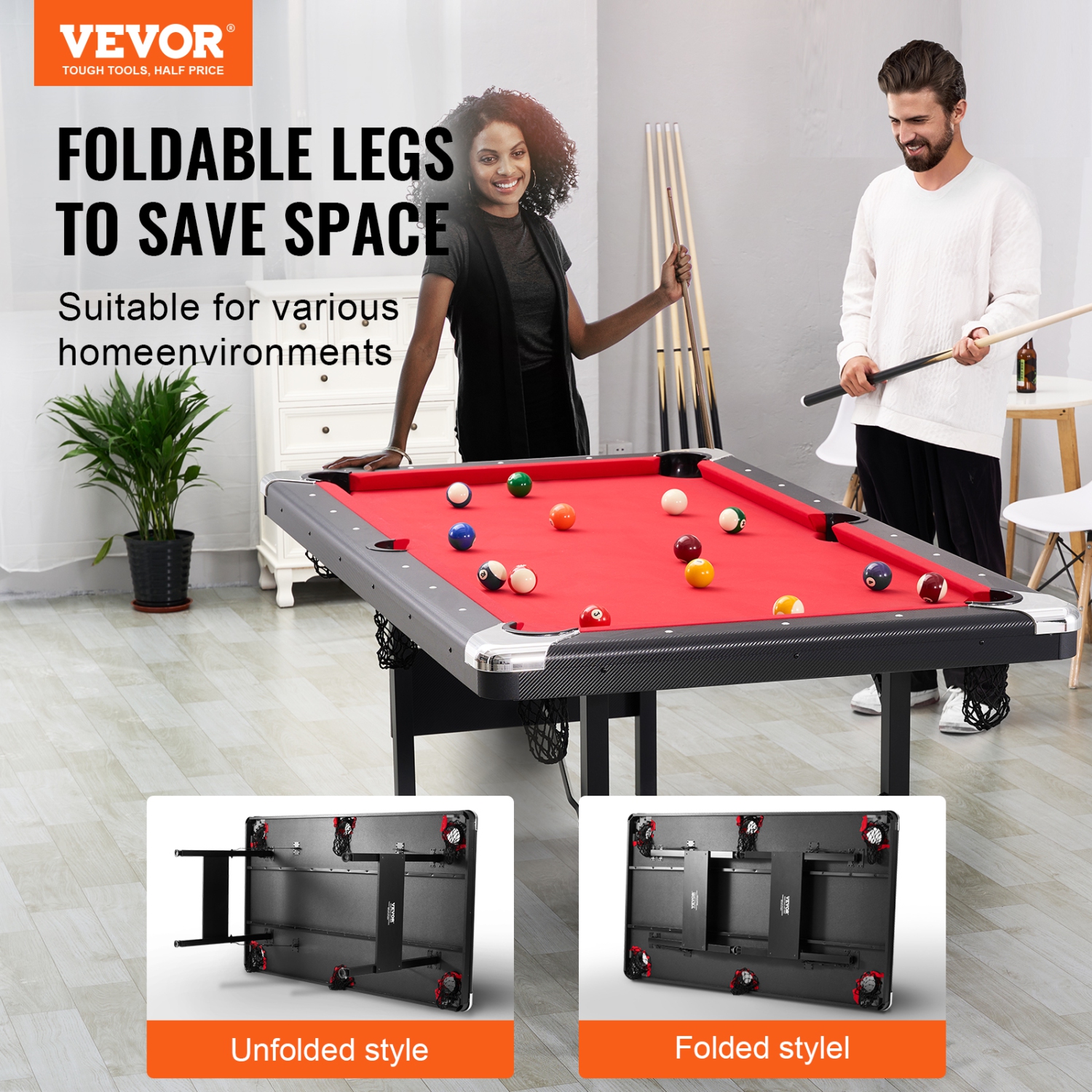 VEVOR 6.3 ft Billiards Table, Pool Table, Portable Foldable Space-Saving Table, Billiard Table Set Includes Balls, Cues, Chalks and Brush, Black with