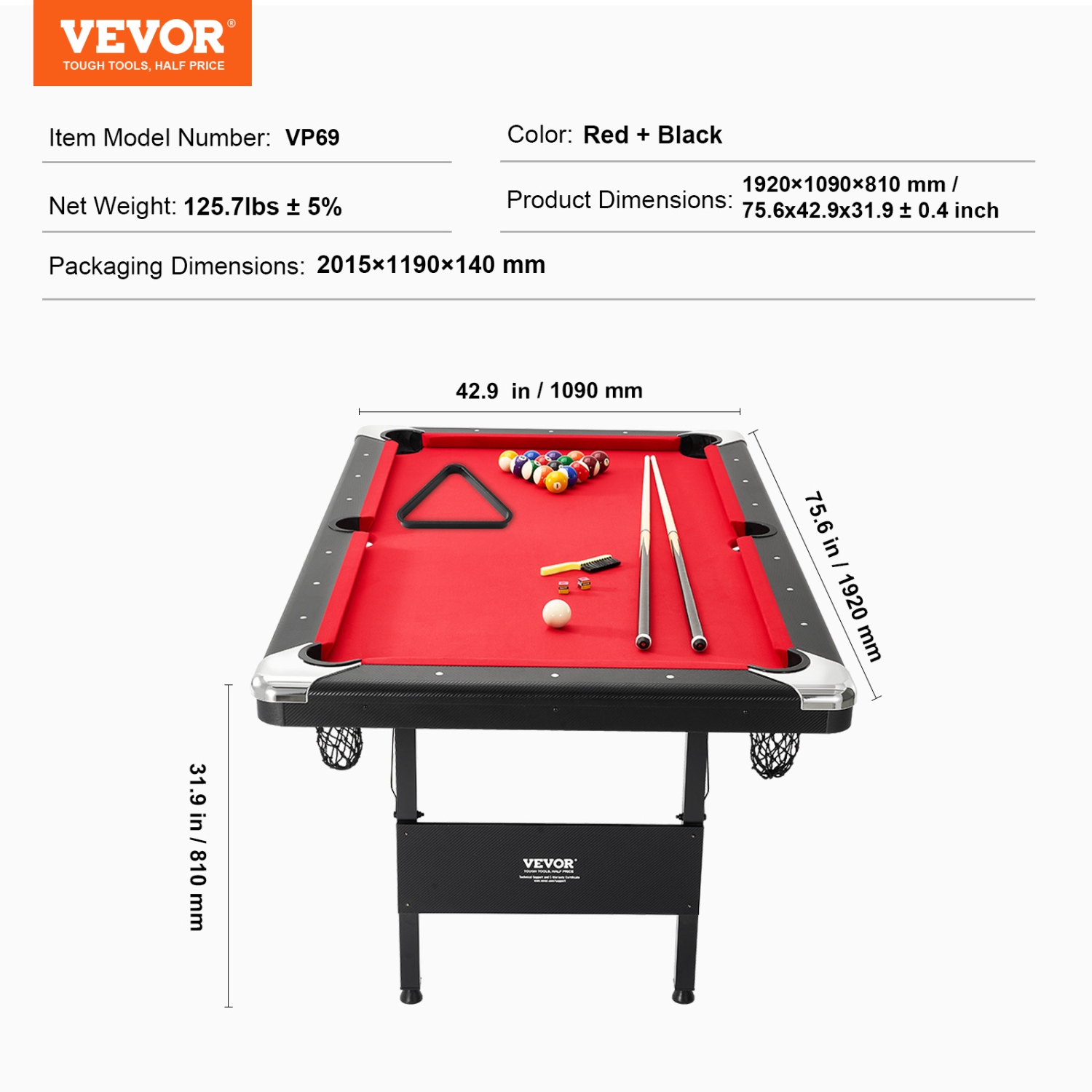 VEVOR 6.3 ft Billiards Table, Pool Table, Portable Foldable Space-Saving Table, Billiard Table Set Includes Balls, Cues, Chalks and Brush, Black with