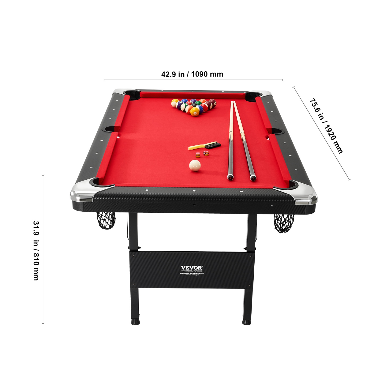 VEVOR 6.3 ft Billiards Table, Pool Table, Portable Foldable Space-Saving Table, Billiard Table Set Includes Balls, Cues, Chalks and Brush, Black with